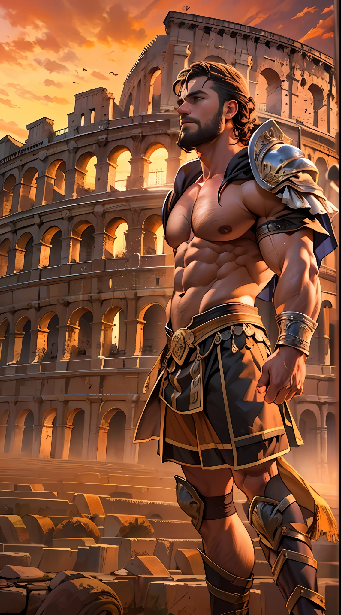 Mighty gladiator, chest uncovered, lower body revealed from thighs to feet, cascading long curls, detailed muscular physique, lifelike depiction, 4K resolution. Background: Colosseum during a spectacular sunset,32k uhd, best quality, masterpiece, super detail, high details