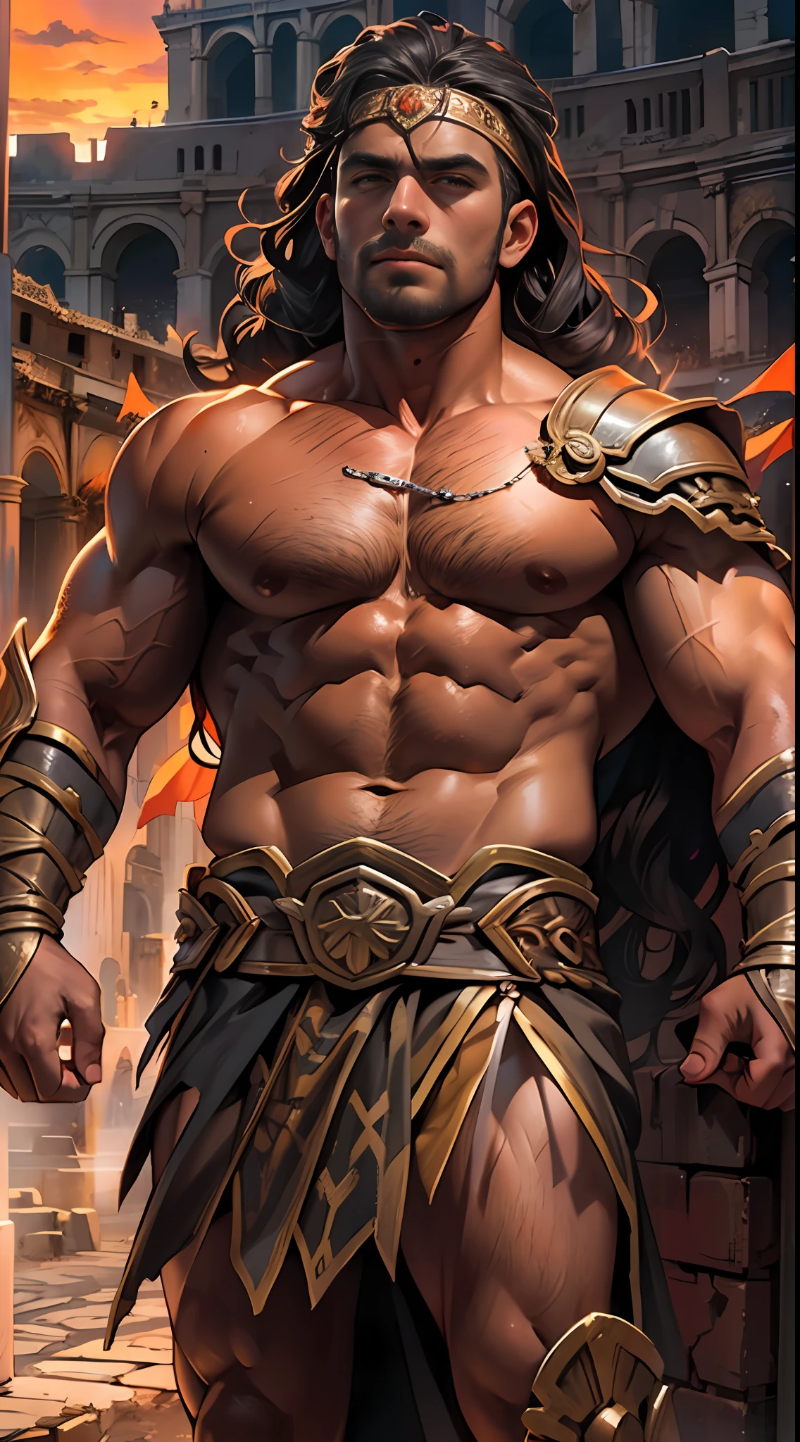 Mighty gladiator, chest uncovered, lower body revealed from thighs to feet, cascading long curls, detailed muscular physique, lifelike depiction, 4K resolution. Background: Colosseum during a spectacular sunset,32k uhd, best quality, masterpiece, super detail, high details
