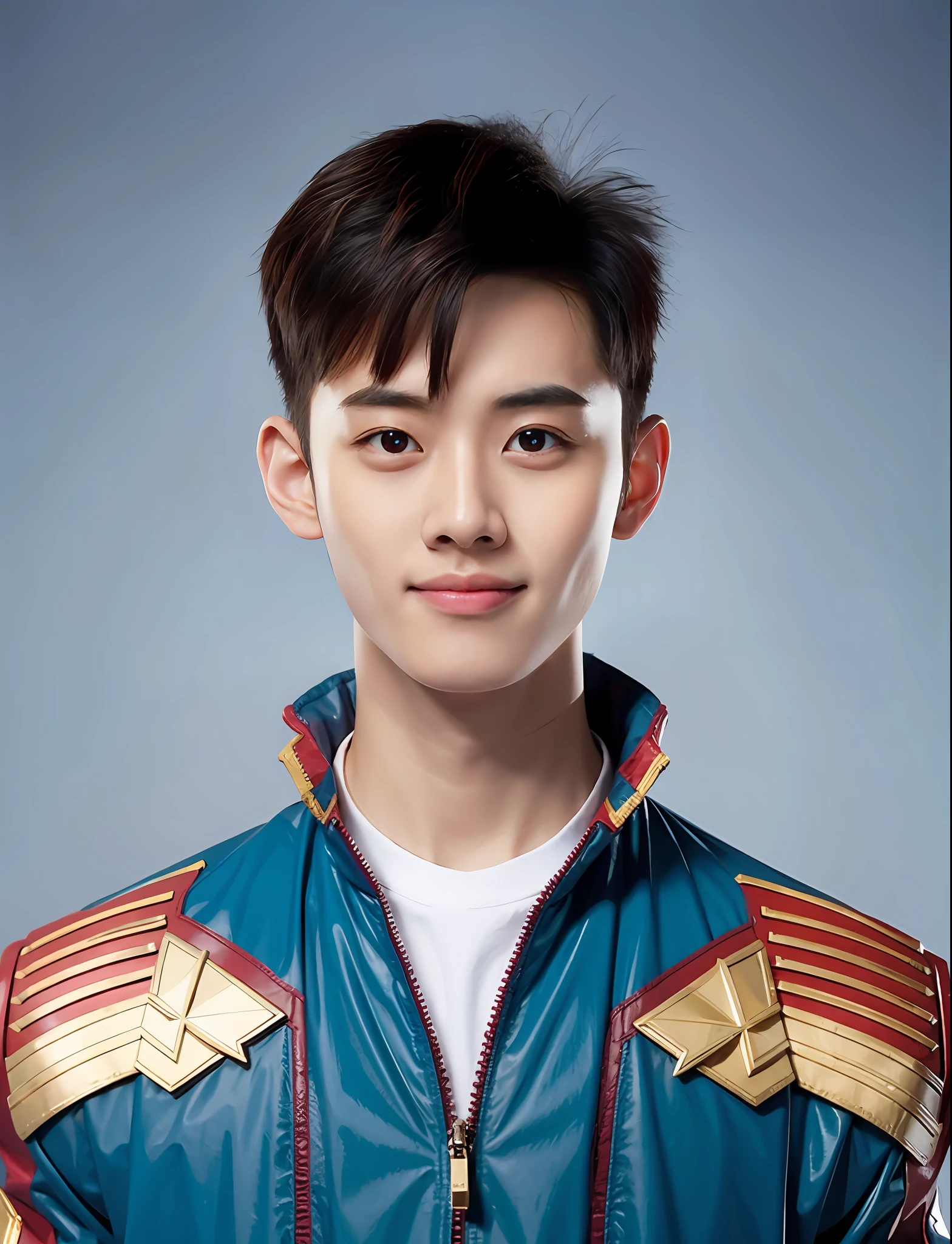 a high school boy，Wearing PVC Captain Marvel costume，greybackground