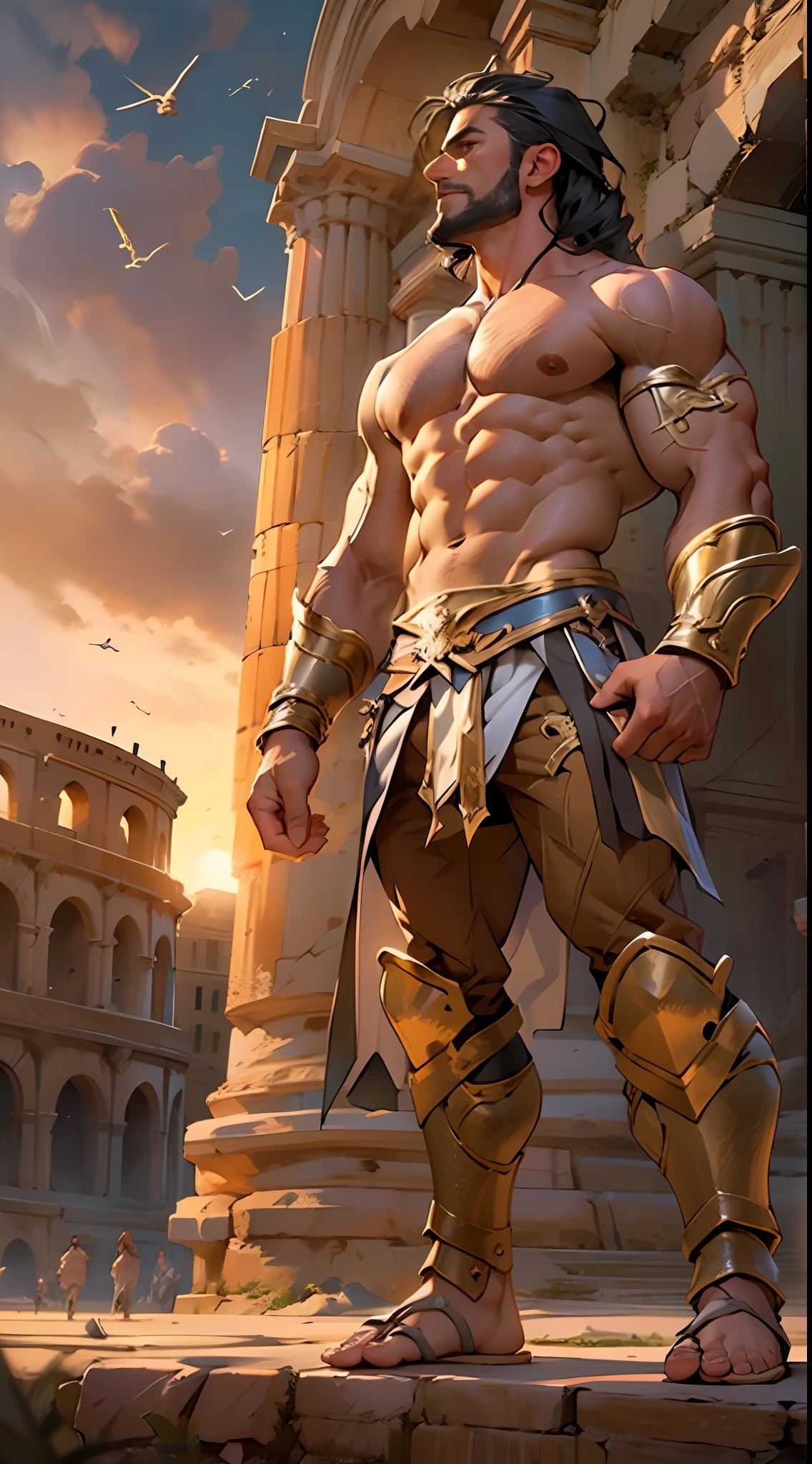 Mighty gladiator, chest uncovered, lower body revealed from thighs to feet, cascading long curls, detailed muscular physique, lifelike depiction, 4K resolution. Background: Colosseum during a spectacular sunset,32k uhd, best quality, masterpiece, super detail, high details