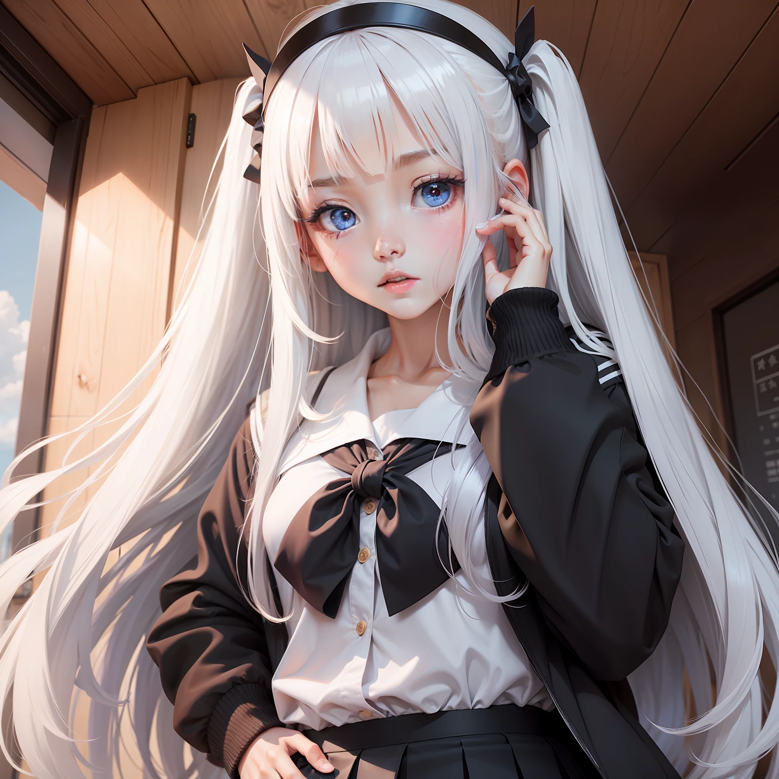 schoolgirls，The upper part of the body，White-colored skin，largeeyes，long whitr hair