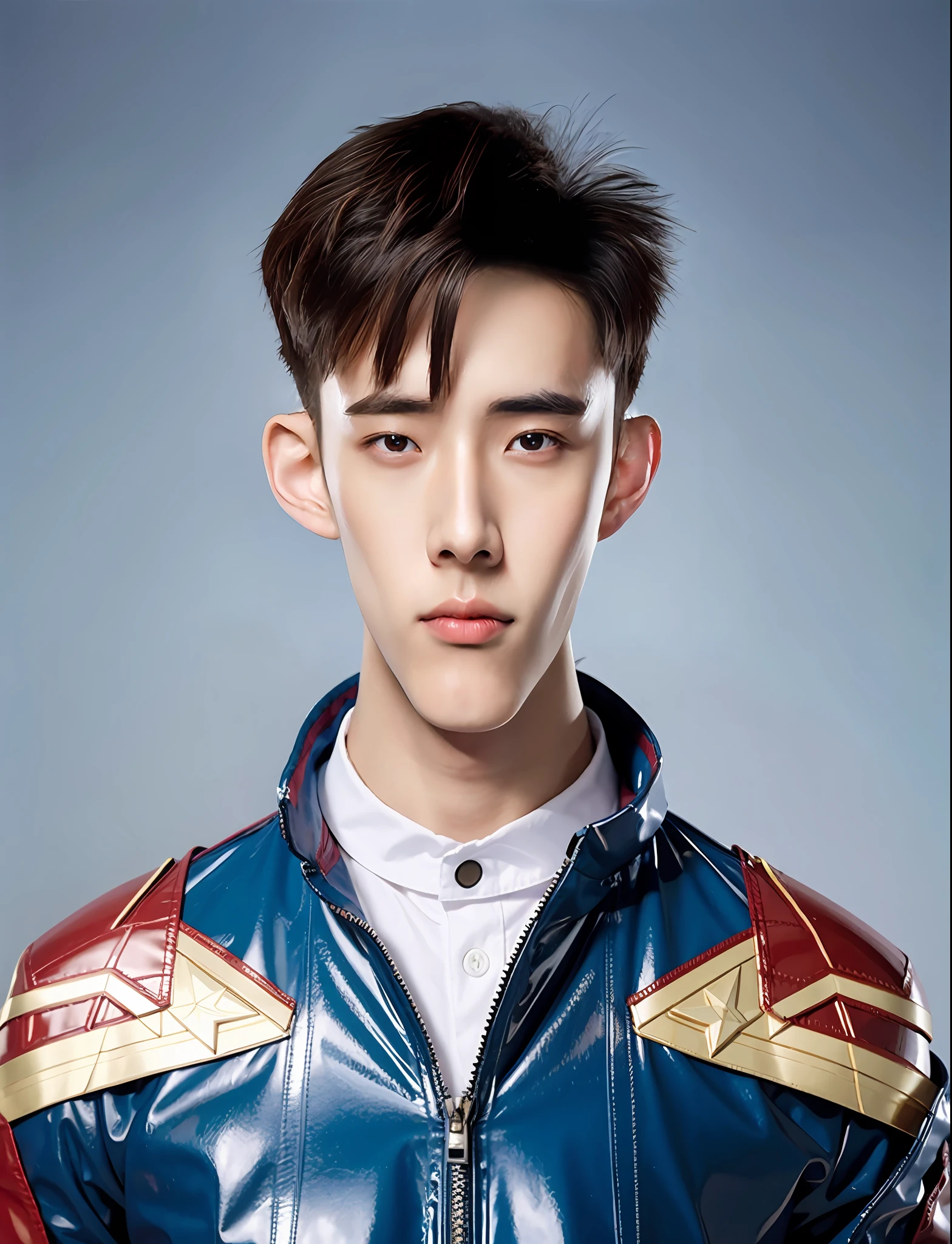 a high school boy，Wearing PVC Captain Marvel costume，greybackground