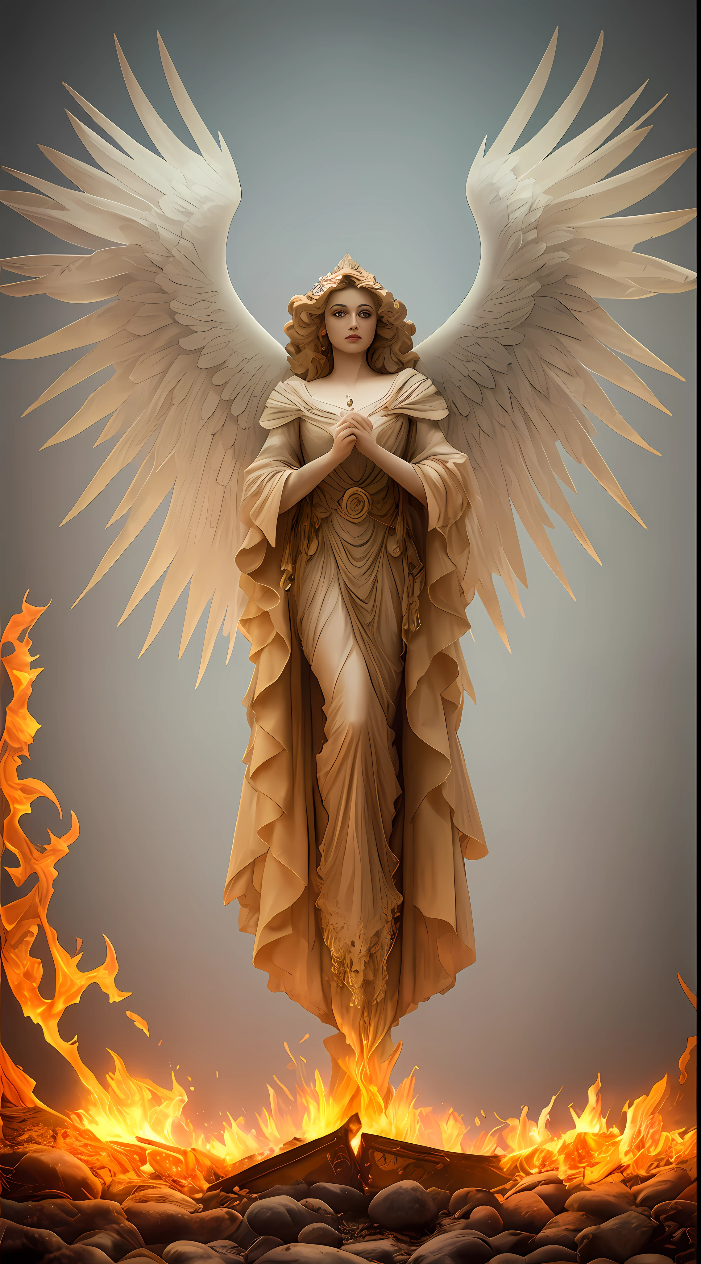 Pintura de una mujer con alas y un halo parada frente a un fuego, con ardientes alas doradas de llamas, Diosa del Fuego, Diosa de la ira, con ardientes alas doradas, aparece como la diosa del fuego, Arte del hechizo del fuego sagrado, tall female angel, Diosa del Fuego, full - body majestic angel, Diosa de la Luz, Artgerm Julie Bell Beeple, Hechizo de llama sagrada, Vibrant color palette game and super intricate great shadows, pintura mate, minuciosamente detallado, fino y delicadamente detallado, motor irreal delicadamente detallado con octanaje intrincado, fondo detallado en microminutos, complejidades 3D realzadas, Perfect and super detailed 8K composition, regla de los tercios, motionVFX, Sony Pictures Animation, The Foundry VFX, inmensamente perfecto, perfectamente detallado, intrincadamente definido, definitivamente real, Verdaderamente realista, Realistically epic, por Satori Canton, photography by alberto seveso