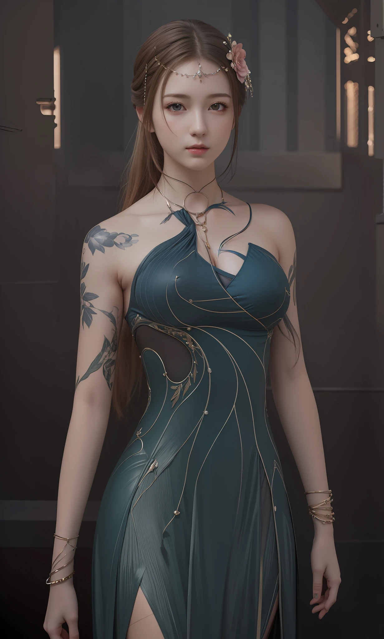 masterpiece, best quality, extremely detailed 8k, ultra hd, ultra-detailed, highly detailed, highly realistic, ultra-realistic, hyperrealistic, (1 girl:1.5), (solo:1.5), anatomically correct, (detailed realistic skin), (realistic big breasts), slender abs, (closed mouth:1.45), nsfw,