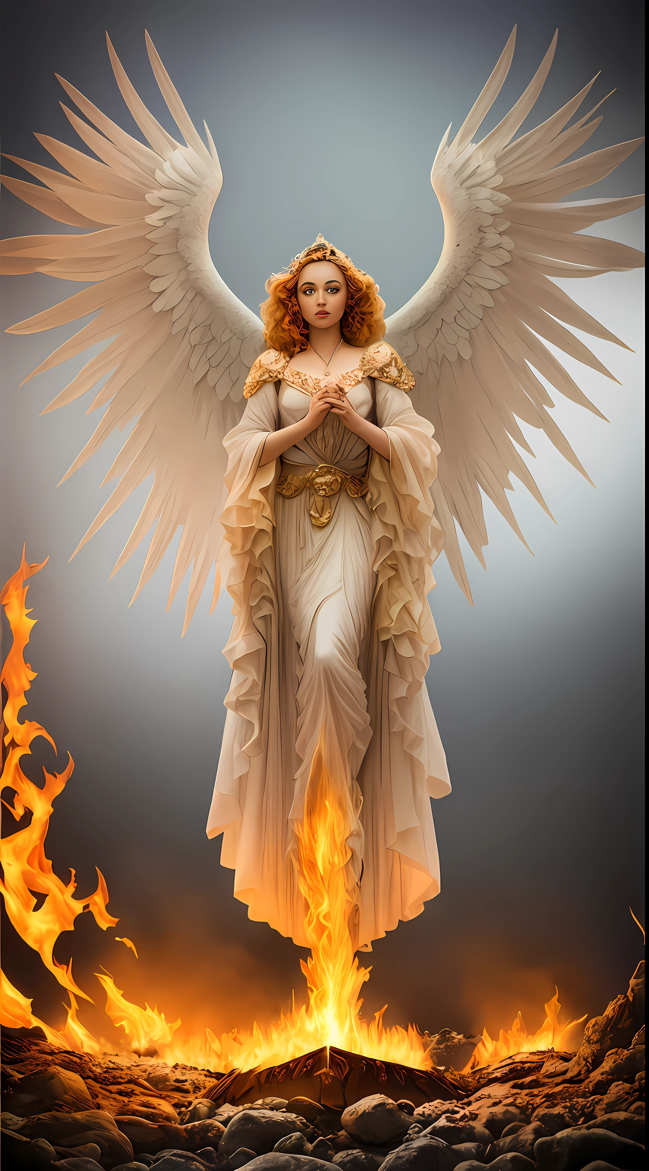 Pintura de una mujer con alas y un halo parada frente a un fuego, con ardientes alas doradas de llamas, Diosa del Fuego, Diosa de la ira, con ardientes alas doradas, aparece como la diosa del fuego, Arte del hechizo del fuego sagrado, tall female angel, Diosa del Fuego, full - body majestic angel, Diosa de la Luz, Artgerm Julie Bell Beeple, Hechizo de llama sagrada, Vibrant color palette game and super intricate great shadows, pintura mate, minuciosamente detallado, fino y delicadamente detallado, motor irreal delicadamente detallado con octanaje intrincado, fondo detallado en microminutos, complejidades 3D realzadas, Perfect and super detailed 8K composition, regla de los tercios, motionVFX, Sony Pictures Animation, The Foundry VFX, inmensamente perfecto, perfectamente detallado, intrincadamente definido, definitivamente real, Verdaderamente realista, Realistically epic, por Satori Canton, photography by alberto seveso