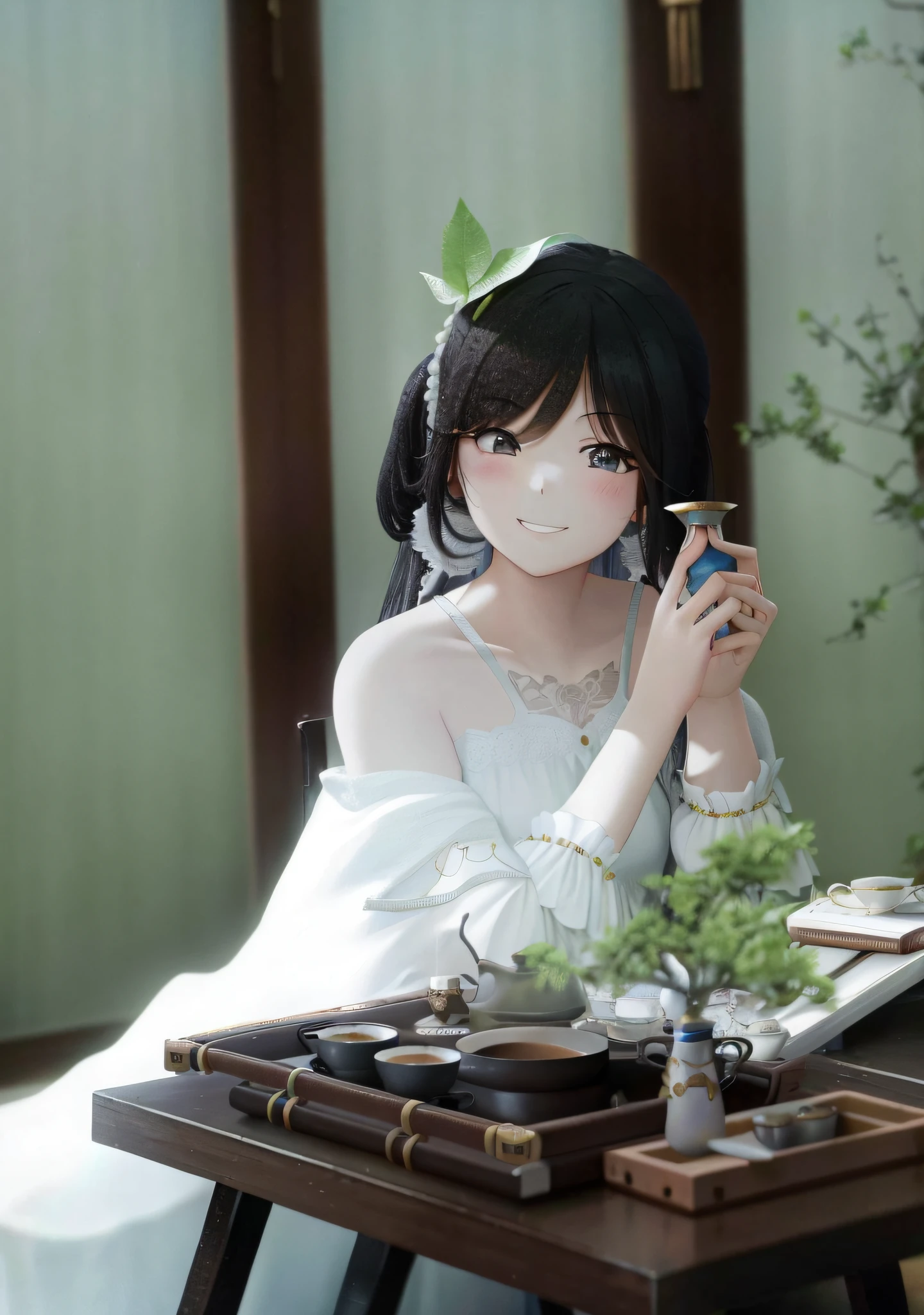 A girl with long flowing hair,Finger details,teapot,teacup,ssmile,The eye