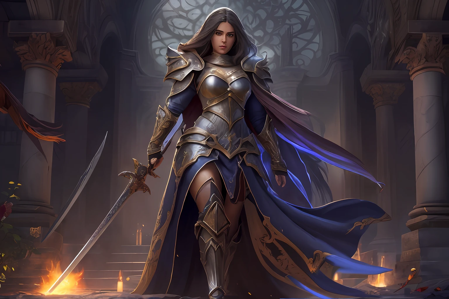 arafed, high details, best quality, 8k, [ultra detailed], masterpiece, best quality, (extremely detailed), dynamic angle, ultra wide shot, RAW, photorealistic, fantasy art, dnd art, rpg art, realistic art, a picture of  female human holy warrior,  warrior of god, full body, ultra detailed face [[anatomically correct]] dynamic position (1.5 intricate details, Masterpiece, best quality) in dark fantasy cemetery (1.5 intricate details, Masterpiece, best quality), woman wearing bright armor, heavy armor (1.4 intricate details, Masterpiece, best quality), armed with radiant sword (1.3, masterpiece), purple cloak (1.3, masterpiece) holy symbol with [bright aura] (1.4), long hair, dark hair, green eyes intense eyes, dark cemetery background (1.5 intricate details, Masterpiece, best quality) dread atmosphere (1.6),  dawn light, divine rays (1.4 intricate details, Masterpiece, best quality), dynamic angle, (1.4 intricate details, Masterpiece, best quality) 3D rendering, high details, best quality, highres, ultra wide angle@EG1