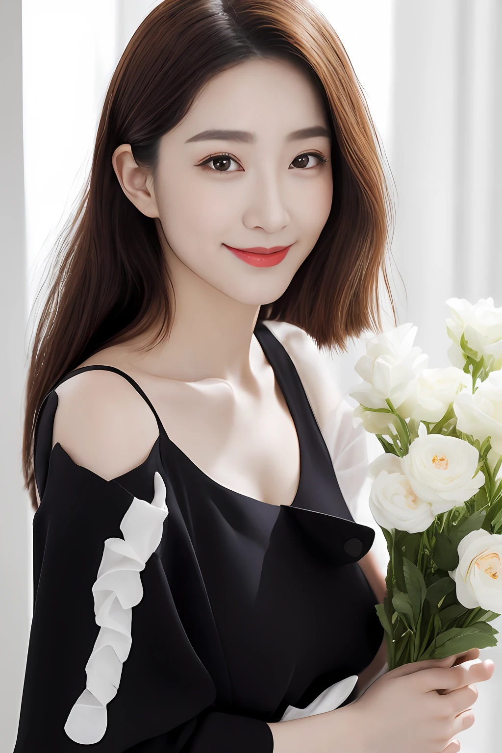 An Arad woman in a white dress holds a bouquet of flowers, beautiful Korean women, Gorgeous young Korean woman, Beautiful young Korean woman, medium boob,Bulging breasts,Skinny figure,fully body photo((best qualtiy,realisticlying,8K,tmasterpiece:1.3)),focal:1.5,perfect bodies:1.3,(Short ponytail straight hair,Vertically smooth hair,A detailed:1.3)),((wetclothes:1.1),seminude,High-end brand fashion flesh color sheer dress:1.3,lying open,Bare breasts,1.3,blackstockings,(detailed outfits:1.3),(delicate stiletto heels crystal band sandals,high high quality:1.2)), Highly Detailed Face and Skin Textur, Fine Eye,二重まぶた,realistic pupil,skin lightening,Beautiful face,Swollen eyes,Healing is a smile,(female focus,Waist focus,close focus,hdr shot,20yr old,Large, Raised breasts,no-bra,With a petite figure,Slim:1.3,slenderlegs:1.3,beautiful night scene,Luxury office,floor to ceiling window,Long table,Large leather sofa chair,Cocked buttocks:0.6,Coquettish and beautiful pose(full bodyesbian:1.8))