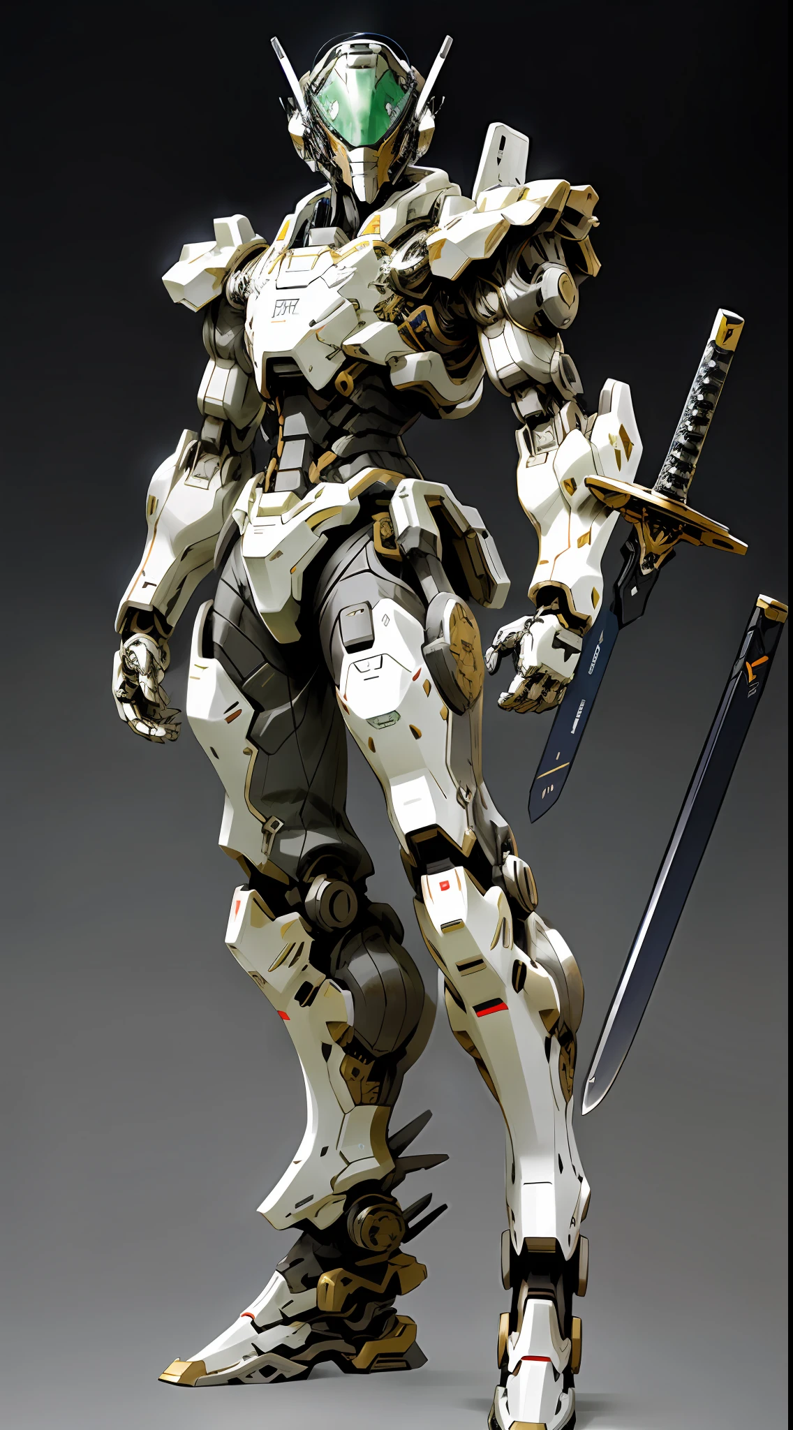 Robot with sword in hand, Humanoid mech, Mecha suit, cool mecha style, Mecha armor, Mech suit, Humanoid mech, Beautiful robot character design, full body mecha suit, Realistic style mecha, Mecha armor, white color mecha,,metalictexture