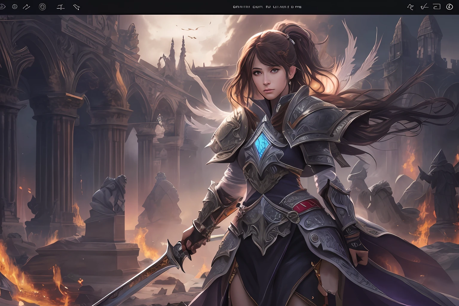 arafed, high details, best quality, 8k, [ultra detailed], masterpiece, best quality, (extremely detailed), dynamic angle, ultra wide shot, RAW, photorealistic, fantasy art, dnd art, rpg art, realistic art, a picture of female human epic fanatsy paladin, divine warrior, full body, ultra detailed face (1.5) [[anatomically correct]] dynamic position (1.5 intricate details, Masterpiece, best quality) in dark fantasy cemetery (1.5 intricate details, Masterpiece, best quality), woman wearing bright armor, heavy armor (1.4 intricate details, Masterpiece, best quality), armed with epic sword, epic holy sword, radiant sword, sword sheds bright ligh(1.6, masterpiece), purple cloak (1.3, masterpiece) holy symbol with [bright aura] (1.4 intricate details, Masterpiece, best quality), long hair, dark hair, green eyes intense eyes, dark cemetery background (1.5 intricate details, Masterpiece, best quality) god rays, divine rays (1.4 intricate details, Masterpiece, best quality), dynamic angle, (1.4 intricate details, Masterpiece, best quality) 3D rendering, high details, best quality, highres, ultra wide angle@EG1