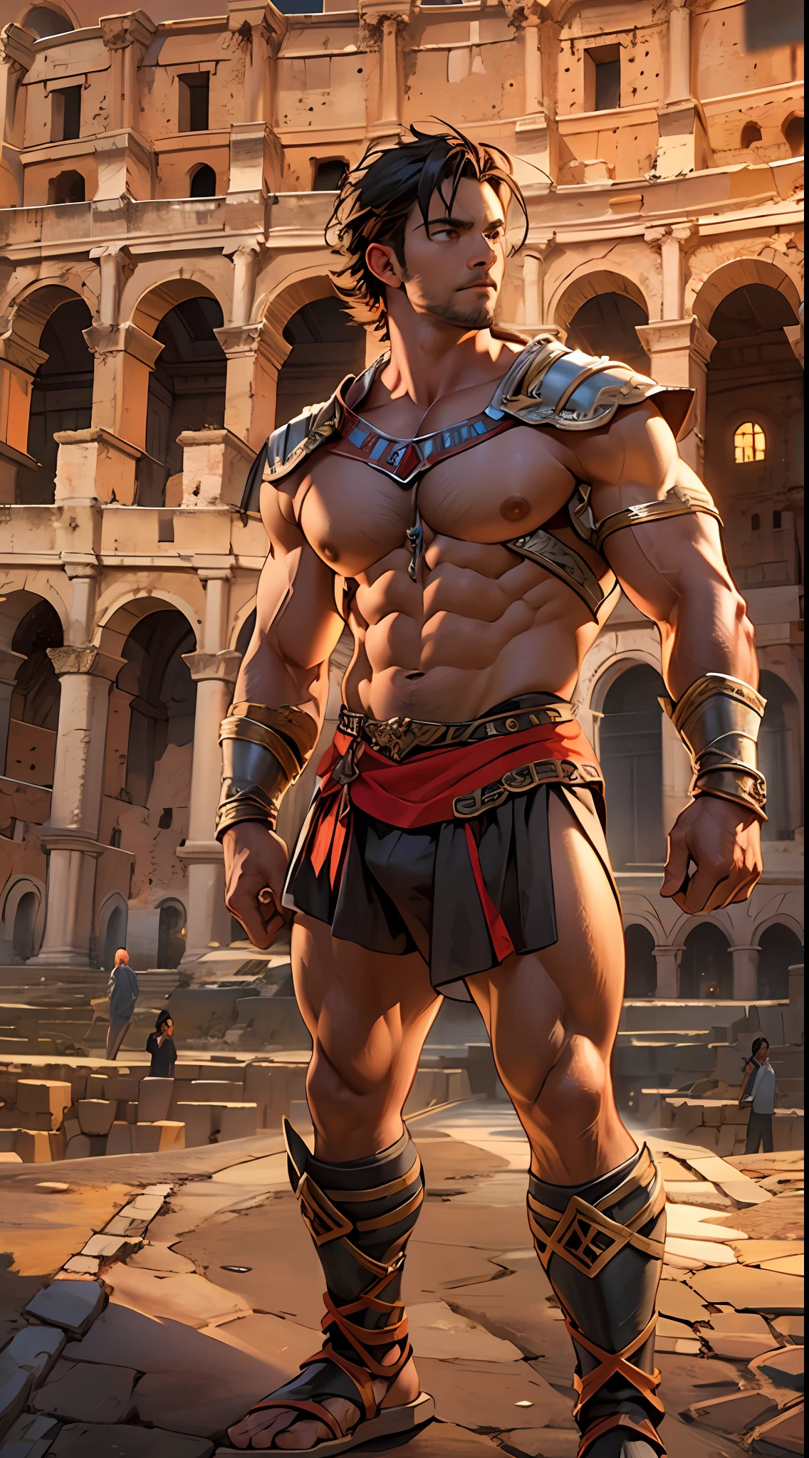 Mighty gladiator, chest uncovered, lower body revealed from thighs to feet, cascading long curls, detailed muscular physique, lifelike depiction, 4K resolution. Background: Colosseum during a spectacular sunset,32k uhd, best quality, masterpiece, super detail, high details