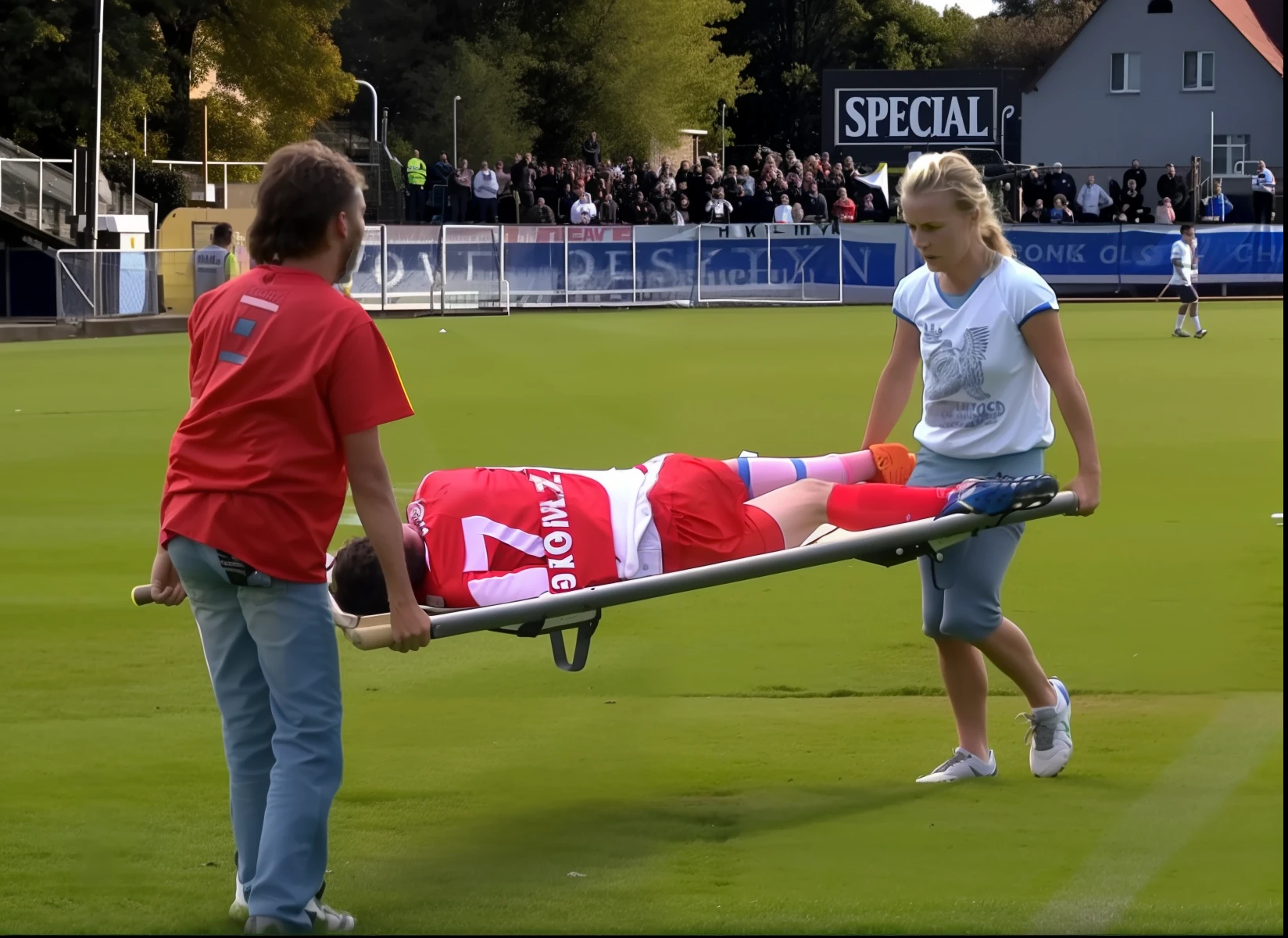 There are two madeup women carrying a stretcher, there is a woman in a wetlook laquered downcoat, a woman in a high-shine downcoat, there is a greyhaired woman in a red leather-suit, there is a man on a stretcher being carried by two very madeup women, there is a bearded soccer-player lying on a stretcher, there is a soccer-player on a stretcher with one hand over his face, a soccer-player is lying on a stretcher and has put one hand over his face, football hooligans, injured, good graphic, warm sunshine, very professional, very sad, 2717433015, 3 4 5 3 1, 555400831, viral photo, photo shot, interesting composition, adventure playground accident