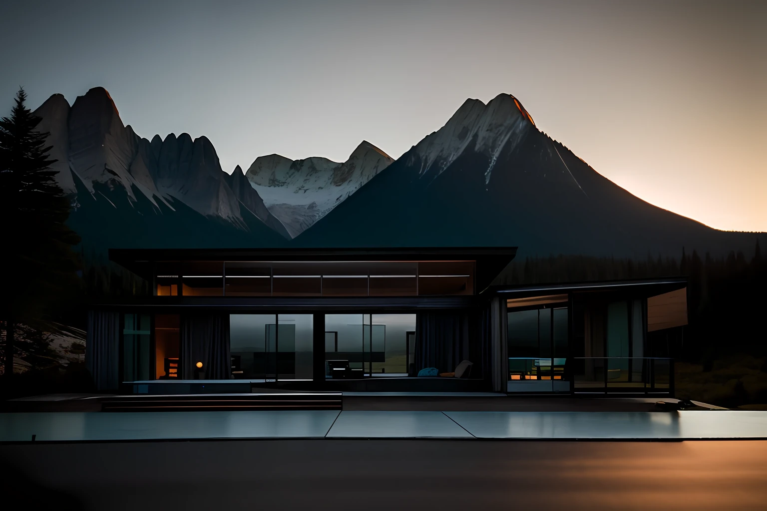 glass door, RAW photo, nature, epic futuristic, fade, warm, glow at sunset ,sunset lighting, raw, hdr, (mountains:1.3), traveler clothes, standing in the forest, natural skin, 8k uhd, high quality, film grain, Fujifilm XT3, cinematic, slate grey, dramatic light, architecture,