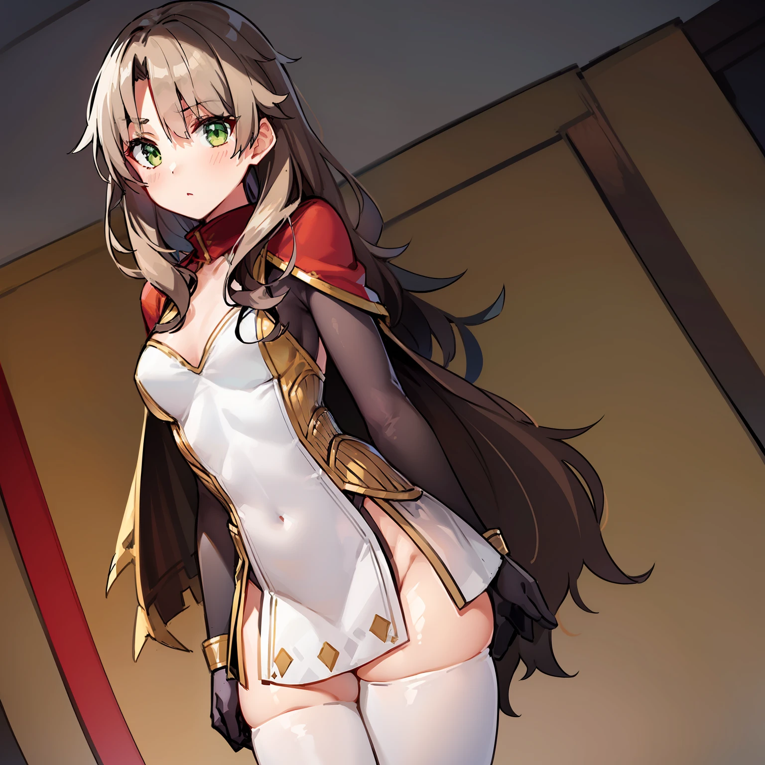 girl, flat chest, flat chest, flat chest, flat chest, flat chest, flat chest, flat breasts, slim body, brown hair, Exeter, blown hair, wavy hair, long hair, green eyes, white dress, asymmetrical legwear, asymmetrical clothes, red cape, shy, high detail, anime style, sharp image