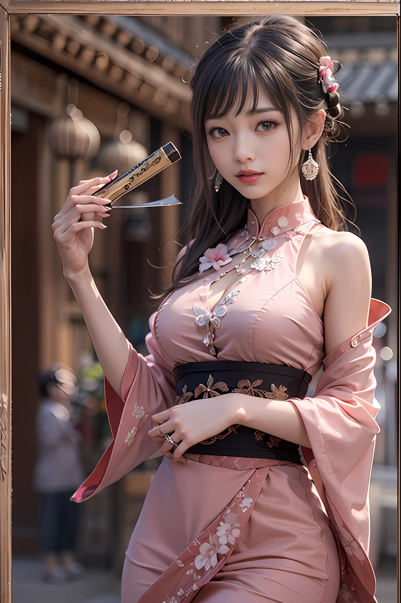 ((Top Quality, 8K, Masterpiece: 1.3)), Cowboy Shot, Very Cute Beauties, 1 Girl, (Beautiful: 1.3), (Abs, Slender Figure: 1.1), Sharp Focus, ((Intricate Details))), High Detail, Upper Body, One Girl, Black Twins Bangs, Chinese Characters, (Luxury Satin Cleavage Cut Out Evening Cheongsam: 1.5), Lace, Detailed evening dress, 8K, 8K resolution, clean detail face, detail body, detailed clothes, sharp images, hyper sharp images, Japan anime concept art, trending on Artstation, ((Look at the viewer, turn to the viewer, stare at the viewer: 1.3)), seductive sexy pose, (Seductive smile, light smile: 1.35)), pink lipstick, Bokeh, depth field, 8.5 life-size, 8k resolution, (EOS 5D Mark IV, 35mm lens, shot at f1.8), (ancient Chinese street background, simple background without humans, detailed background), ((frame head: 1.3), detailed human hand, perfect human hand, perfect anatomy, perfect proportions, super sharp focus, have a katana