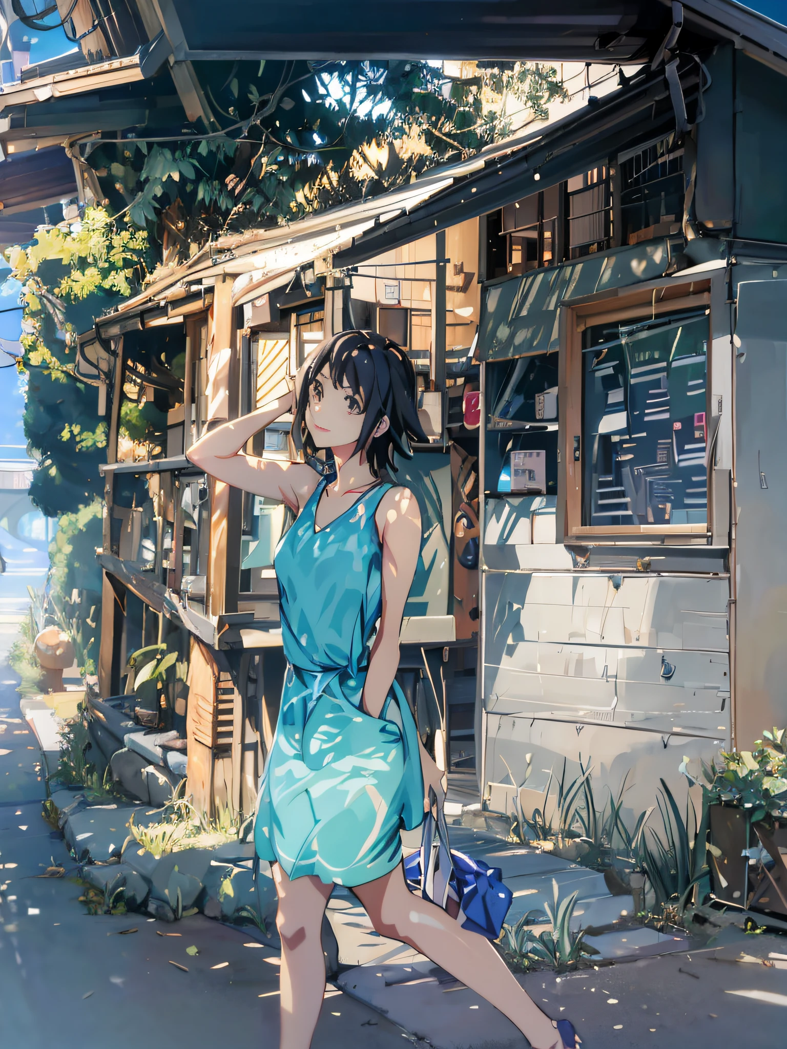 Anime girl walking down the street in blue dress, in the style of makoto shinkai, makoto shinkai art style, Makoto Shinkai's style, Makoto Shinkai. A digital rendering, Shinkai Makoto style, ( ( Makoto Shinkai ) ), studio glibly makoto shinkai, drawn in anime painter studio, By Makoto Shinkai,classicism, Ray tracing, stereograms, framed, Perspective, hyper HD, retinas, 16k