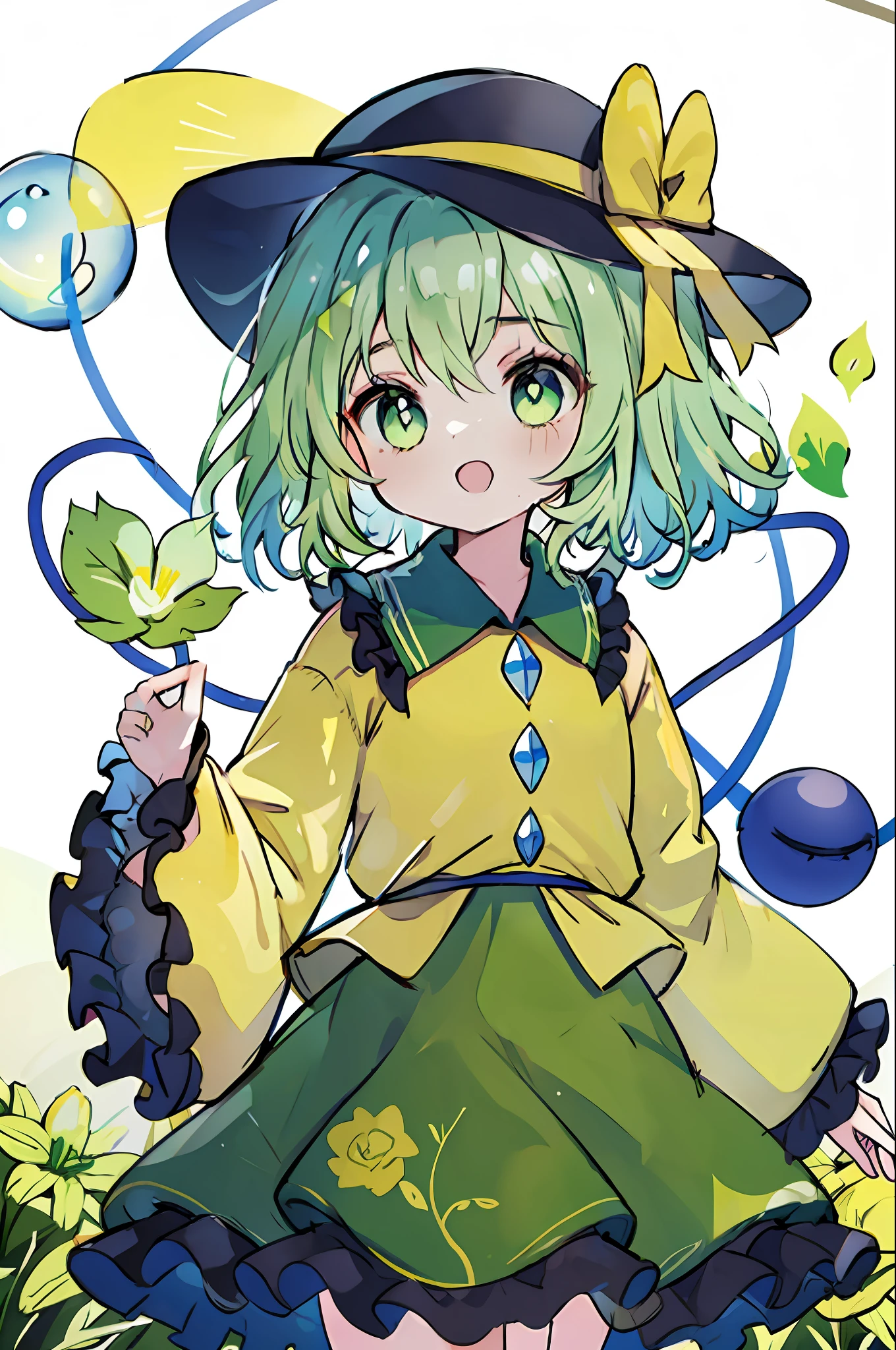 masterpiece, top quality, best quality, official art, beautiful and aesthetic,
1girl, solo, komeiji koishi, hat, skirt, third eye, shirt, yellow shirt, wide sleeves, long sleeves, looking at viewer, frills, green eyes, green skirt, floral print, frilled sleeves, flower, rose, black headwear, green hair, ribbon, hat ribbon, frilled shirt collar, hat bow, bright pupils, bow, hair between eyes, bangs, yellow bow, cowboy shot, yellow ribbon, medium hair, open mouth,
extreme detailed,highest detailed, optical mixing, playful patterns, lively texture, unique visual effect,