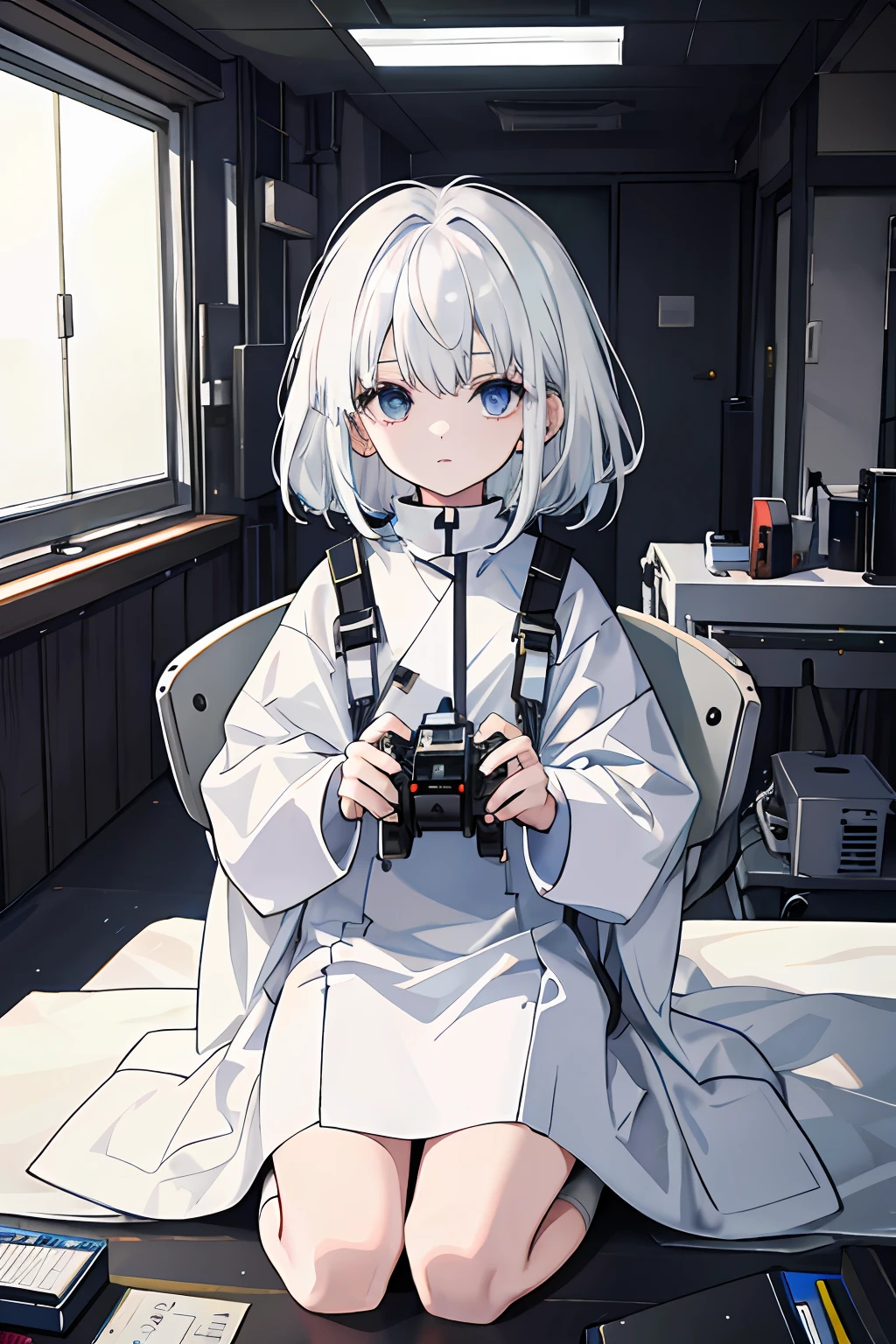  with white hair, dressed in experimental white clothing, kneeling on a white operating table sci-fi highest quality HD trigger club