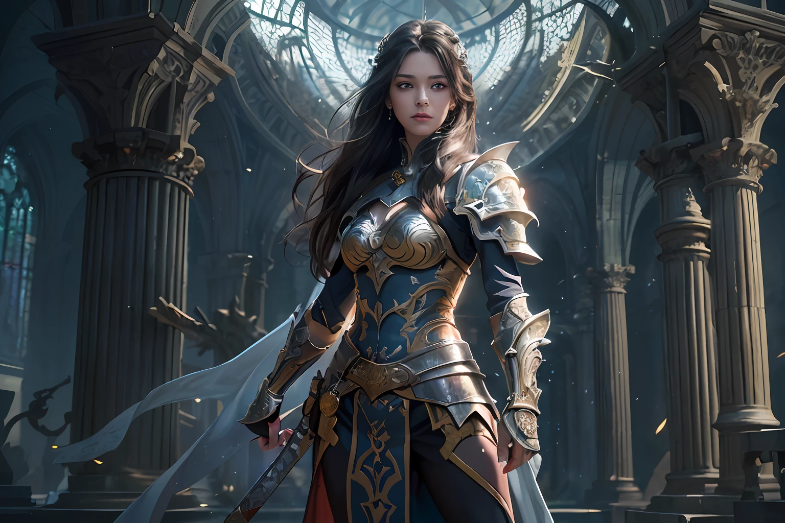 arafed, high details, best quality, 8k, [ultra detailed], masterpiece, best quality, (extremely detailed), dynamic angle, ultra wide shot, RAW, photorealistic, fantasy art, dnd art, rpg art, realistic art, a picture of female human epic fanatsy paladin, divine warrior, full body, ultra detailed face (1.5) [[anatomically correct]] dynamic position (1.5 intricate details, Masterpiece, best quality) in dark fantasy cemetery (1.5 intricate details, Masterpiece, best quality), woman wearing bright armor, heavy armor (1.4 intricate details, Masterpiece, best quality), armed with epic sword, epic holy sword, radiant sword, sword sheds bright ligh(1.6, masterpiece), purple cloak (1.3, masterpiece) holy symbol with [bright aura] (1.4 intricate details, Masterpiece, best quality), long hair, dark hair, green eyes intense eyes, dark cemetery background (1.5 intricate details, Masterpiece, best quality) god rays, divine rays (1.4 intricate details, Masterpiece, best quality), dynamic angle, (1.4 intricate details, Masterpiece, best quality) 3D rendering, high details, best quality, highres, ultra wide angle@EG1