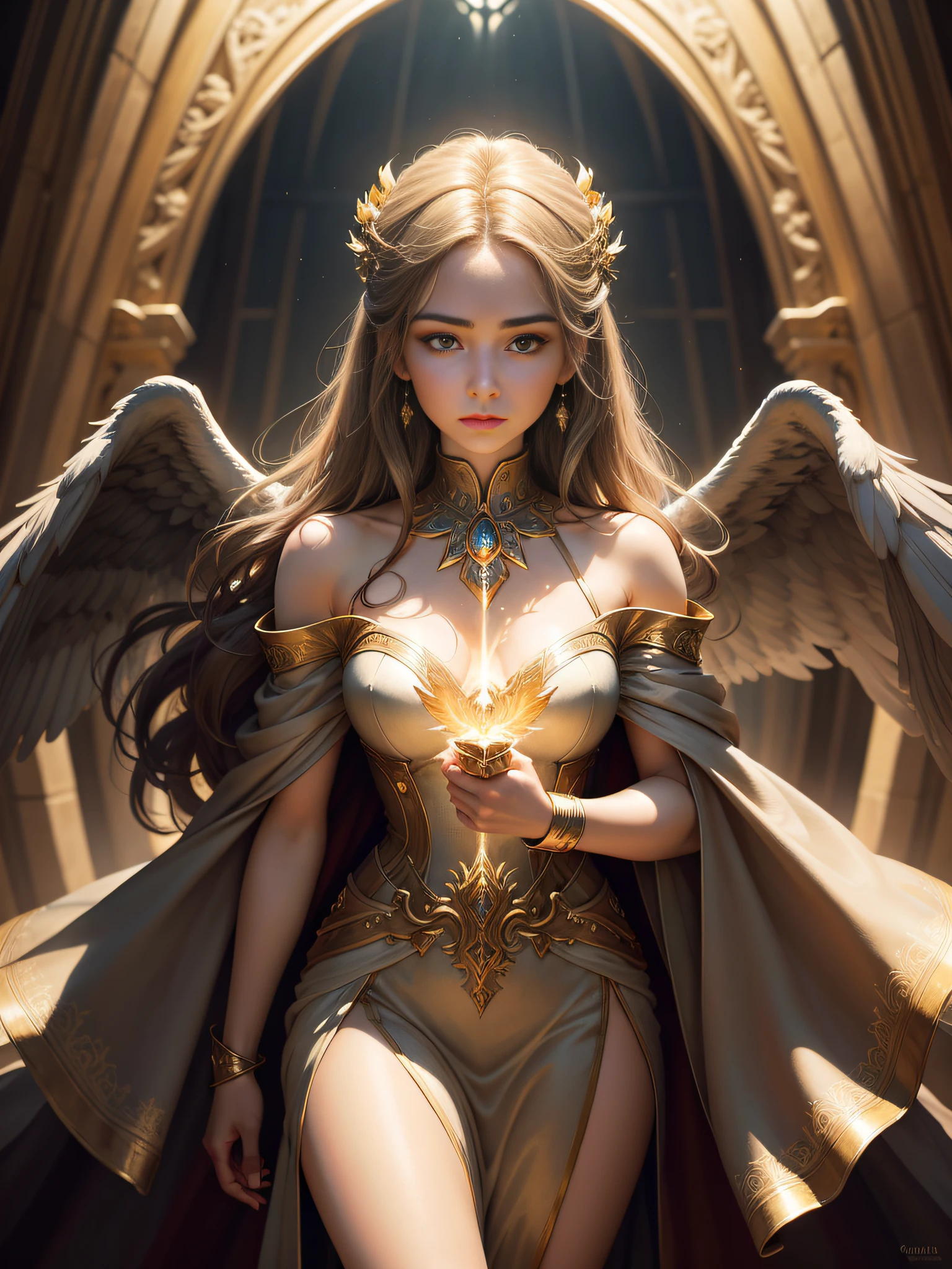 （（best qualtiy））， （（tmasterpiece））， （Realistis））， The subject： Magnificent Galadler，Celestial beacons of strength and grace in action：Exudes an aura of majesty and wisdom，Her presence draws attention to the background：A mysterious golden glow shines down on the environment：Illuminated on the radiant holy ground：Illuminated by an otherworldly light，Highlights her captivating presence as an artist： Inspired by the work of Alan Lee and John Howe's figures：A girl 22 years old，upperbody closeup，Wear a dress with a high neck，Foot dangling style：Capture the essence of fantasy and mythology in exquisite detail in the medium：A clever blend of digital painting with traditional techniques of the genre：Created an awe-inspiring depiction of Galadel's ethereal beauty and power in the color scheme：Infused with ethereal hues and glowing gold tones in computer graphics： Incorporating the latest advances in digital art quality： Elaborately crafted，The attention to detail is unmatched by the level of sight，scenic view，tmasterpiece