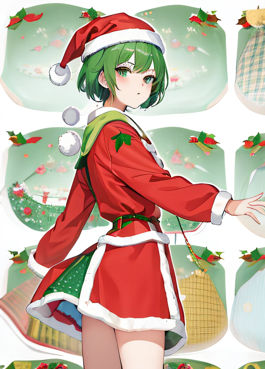 Green hair,short-hair,Santa Clothes,santa hat,Anime girl who looked back,Christmas Leaf,