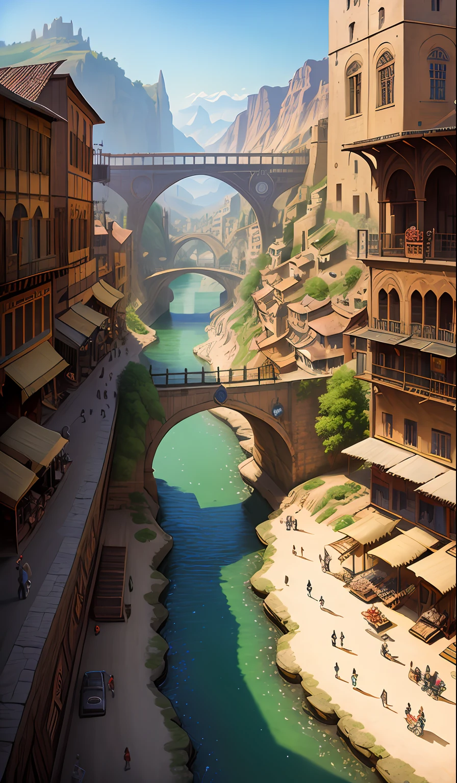 ((masterpiece)),((best quality)),((high detial)),((realistic,)) Industrial age city,Deep valley in the middle,architectural streets,bazaars,Bridges,In the daytime,steampunc,European-style architecture,Cyber