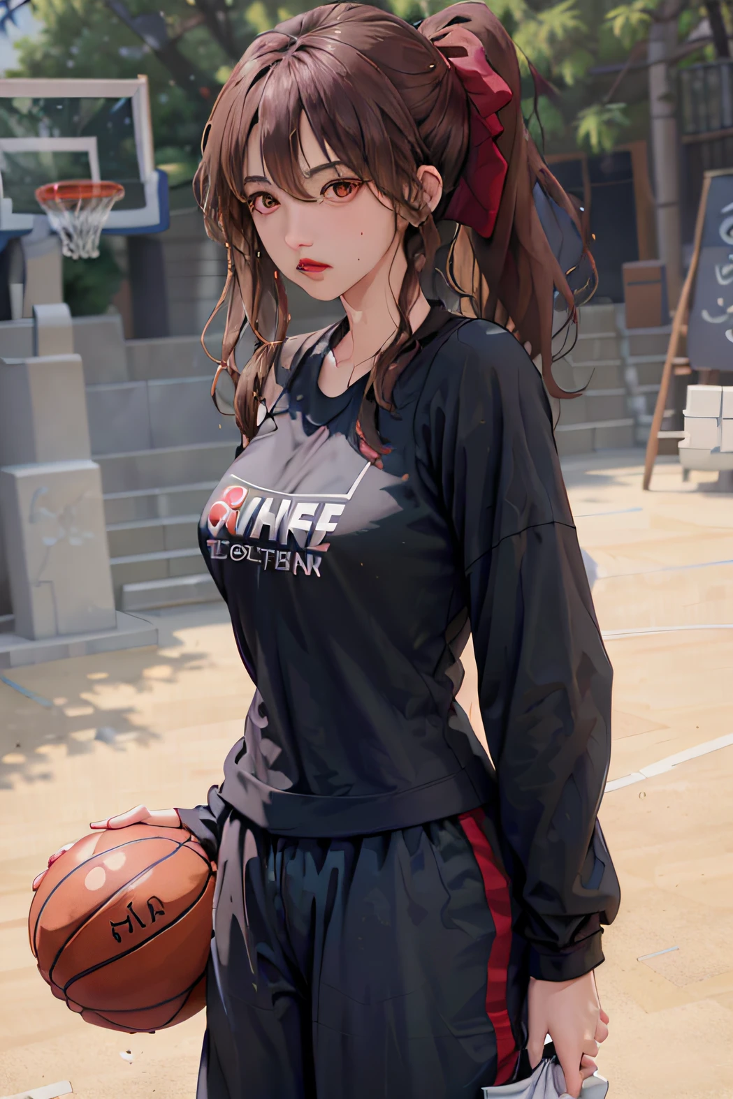 Masterpiece: 1.2, best quality), realistic, (real picture, rich details details, depth of field), (1girl, solo), makeup, cleft lip, high detail, perfect face shape, (small breasts: 1.4), (skindentation), thick thighs, Wide hips, thin waist, tall, coral, red lips, red eyes, ponytail, ((((basketball girl, loose clothes, black basketball suit, mid-length pants)))), (sweat: 1.2), (wet), blush, sweaty