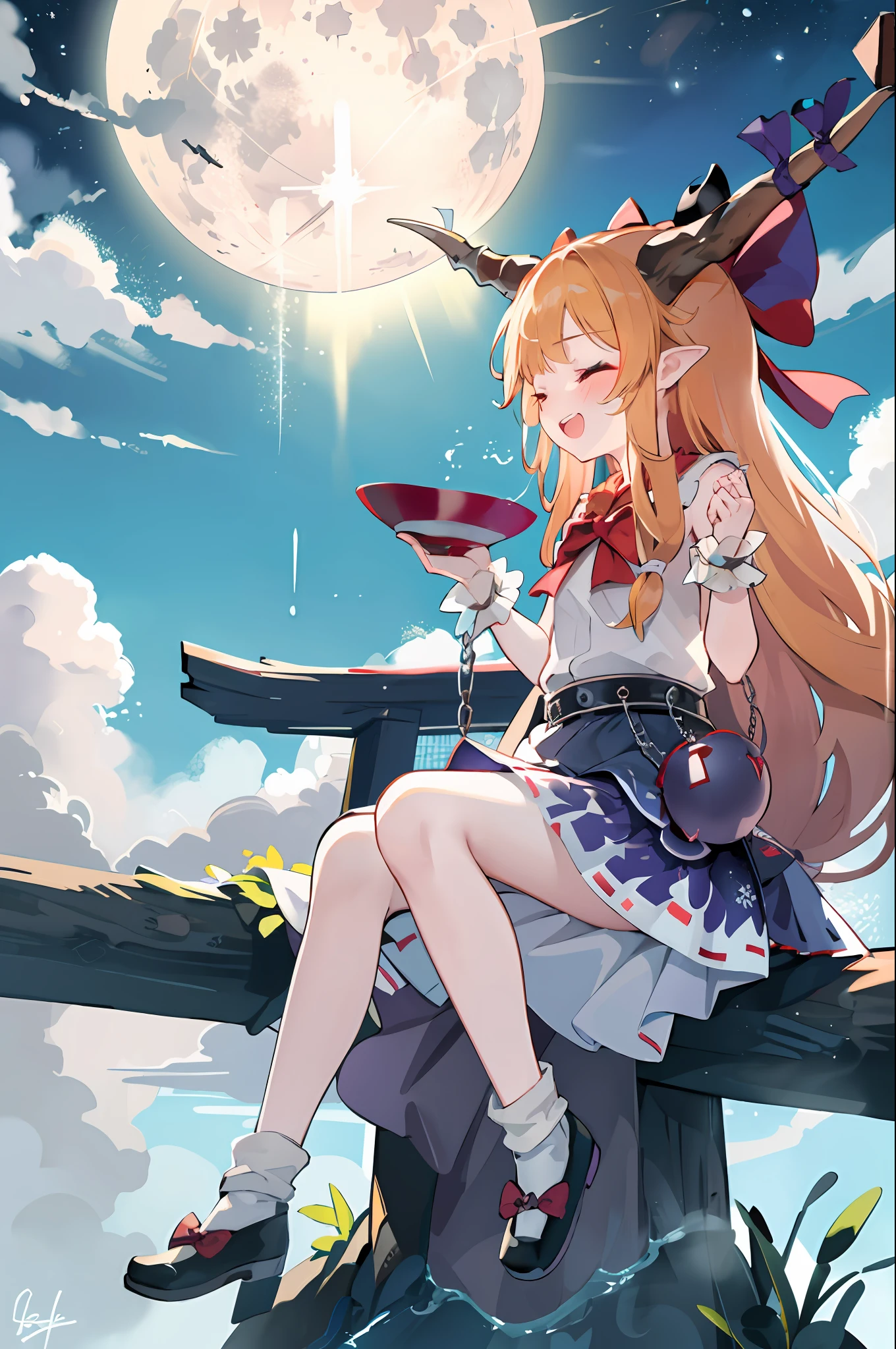 masutepiece, Best Quality,   1girl in, Long hair, Solo, Horns, ibuki suika, Skirt, chain, Bow, Moon, torii, Hair Bow, Shirt, Orange hair, Open mouth, Very long hair, low-tied long hair, White shirt, skyporn, bow ribbon, Red bow, Night, Sleeveless, Sitting, Smile, Sakazuki, gourd, Ahoge, mont, nigh sky, cup, Closed eyes, Cuffs, Sleeveless shirt, fullmoon, horn ornament, Star (skyporn), Sake, sila, Bangs, side locks, Belt bag, Shackles, signature, alcohol, Starry sky, torn sleeves, pointy ear, From Side, Full body, Wrist cuffs, cloud, Horn Ribbon, profile, ribbon-trimmed skirt, Outdoors, oni horns, cube, tusk, frilld, Torn clothes, Blue skirt, mountainous setting, Purple skirt, bottles, tusk, :D, tusk, Hands up, absurdly long hair