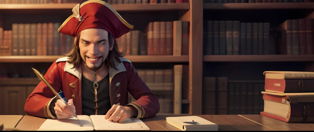 adult pirate writing with quill, smiling