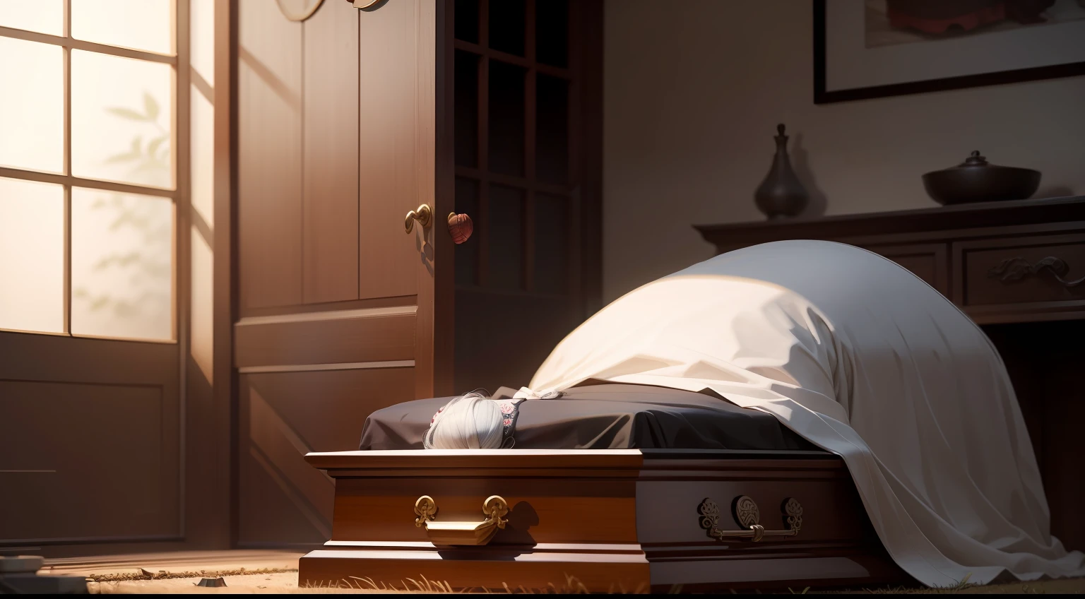 "China-style,An old lady with gray hair,She has passed away,The body is laid to rest in the home。"