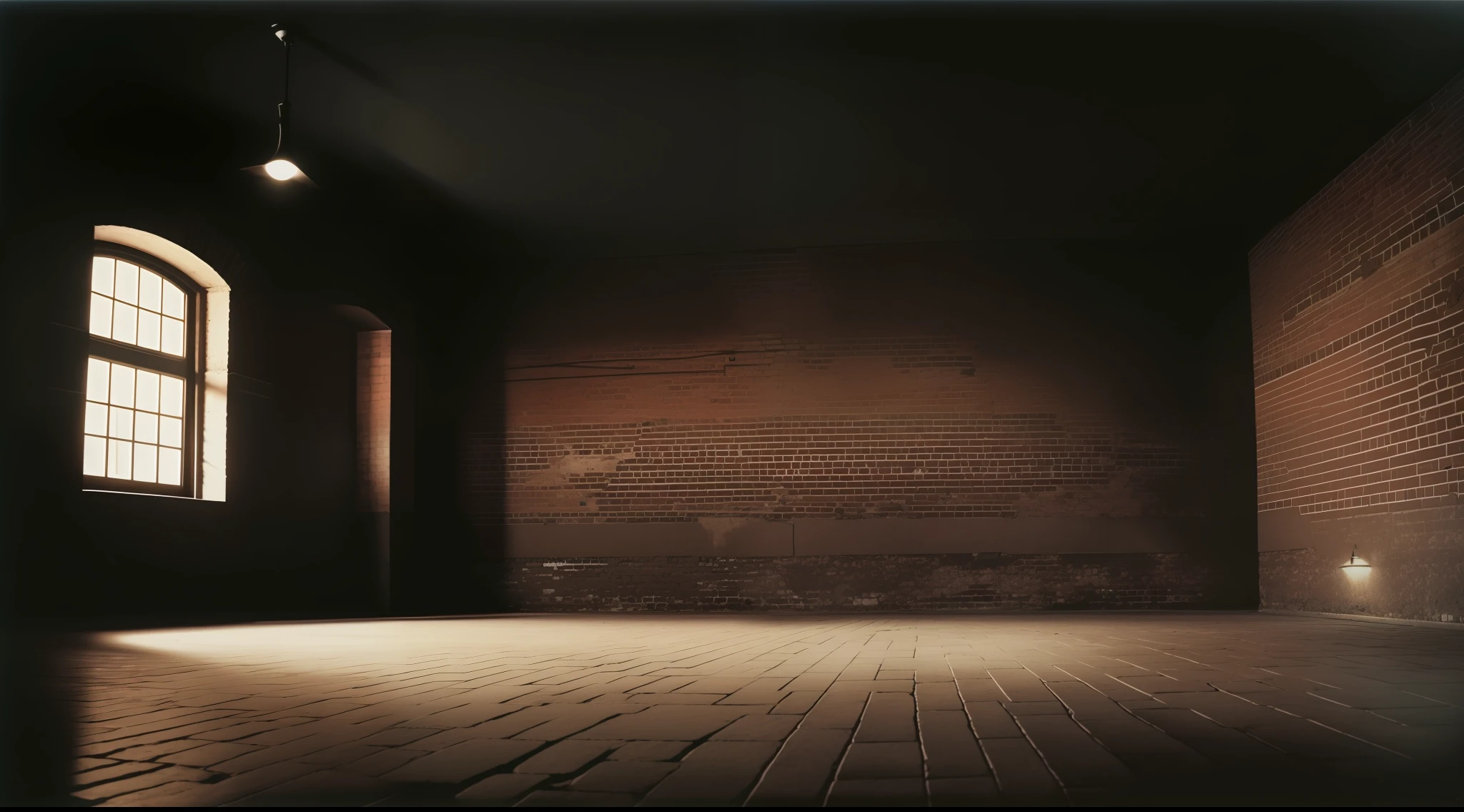 dark night, soviet era, 1950s, interior, crime, brick, intrigue, ussr, russia, night, perspective wide angle view, camera angle 40, perspective, high horizon, motion