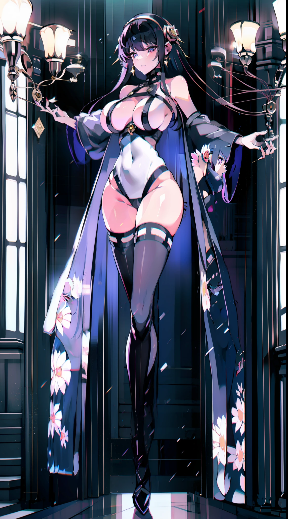 Beautiful immortal emperor,Beautiful face,Long legs and thin waist,huge boob,Played by ta dressed in black,Holding a delicate flower in his hand,Hair like snow,Purple pupils。The eyes are as bright as the stars,8K quality