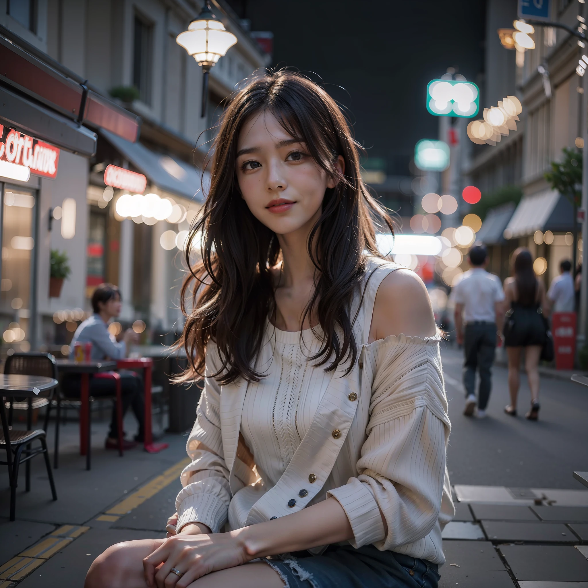 (8K, Best quality, Masterpiece:1.2), (Realistic, photo-realistic:1.37), Ultra-detailed, 1 girl,Cute, Solo,Beautiful detailed sky,Detailed Cafe,Sitting,dated,(nose blush),(Smile:1.15),(Closed mouth),filmgrain, Fujifilm XT3,(Ulzzang-6500:0.3),Nudity, ModelShoot style, NSFW,Beautiful detailed eyes,(Medium-hair long:1.2),Floating hair ,NovaFrogStyle, White skin,Cinematic light,Night Street,the street lights