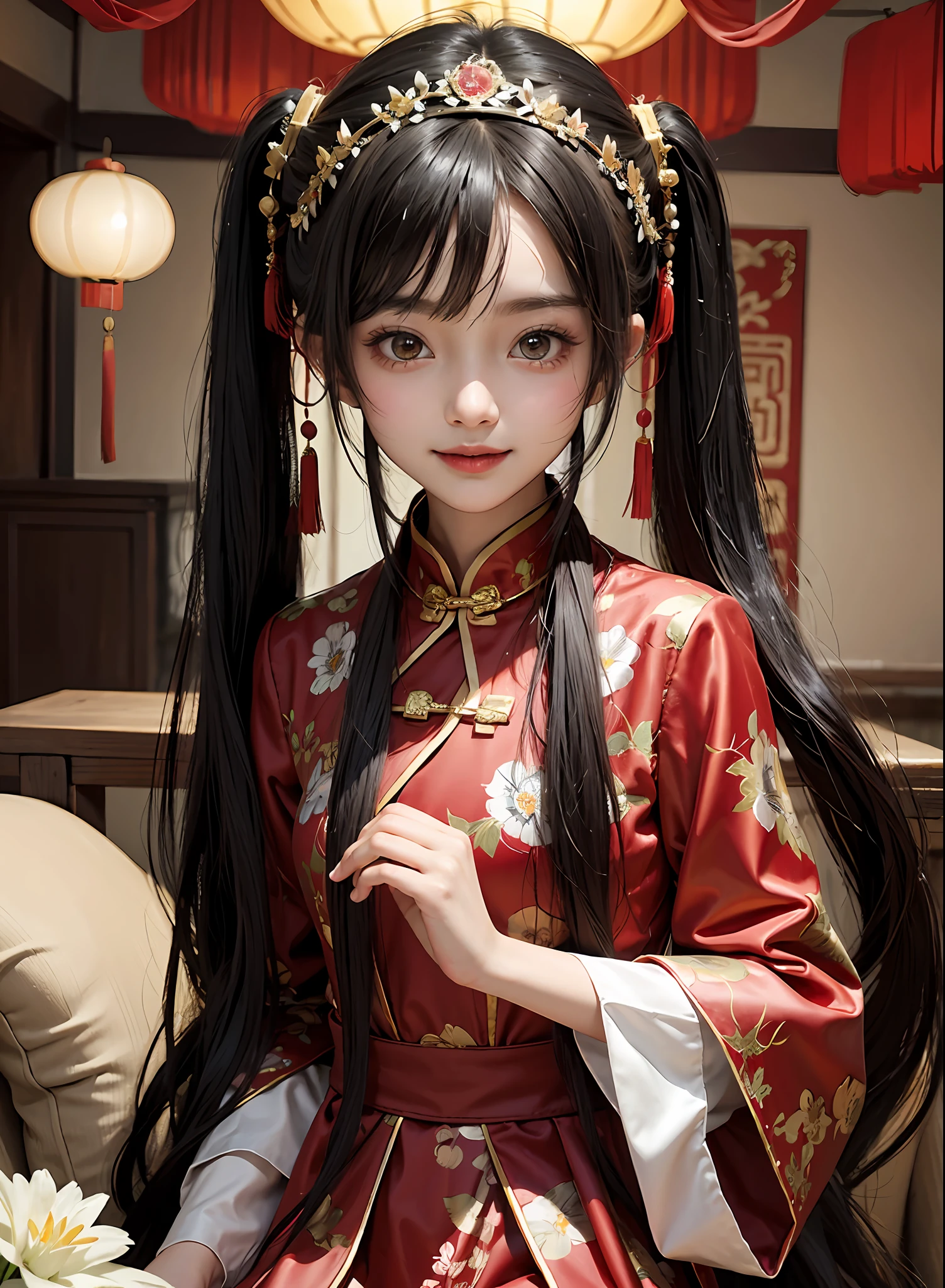 chinese palace,1little girl,lily,twintails,brunette color hair,By bangs,Long chinese dress,flower,9-year-old female model,Princess,Smile,