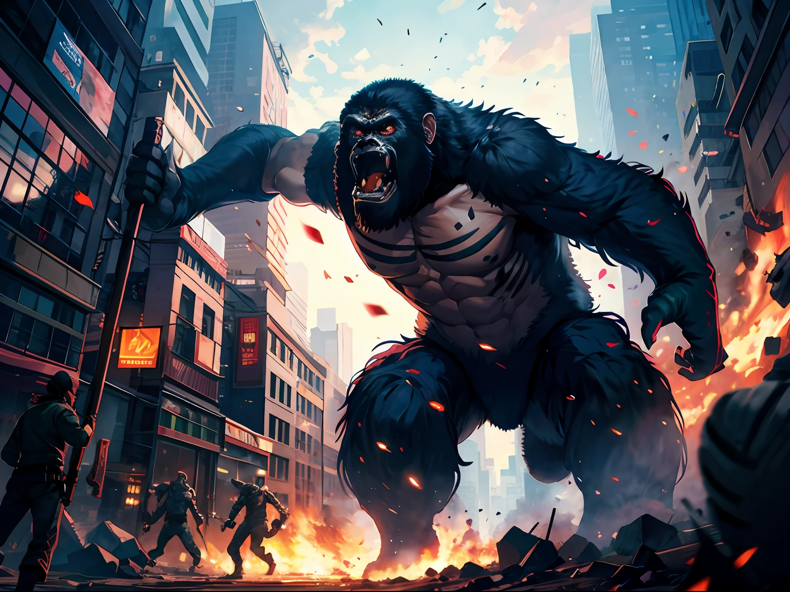 HD clear,Optimal image,Illustration quality,Super detailed,A huge King Kong Monster Hammer slammed into the sky in his chest,At the feet are panicked people