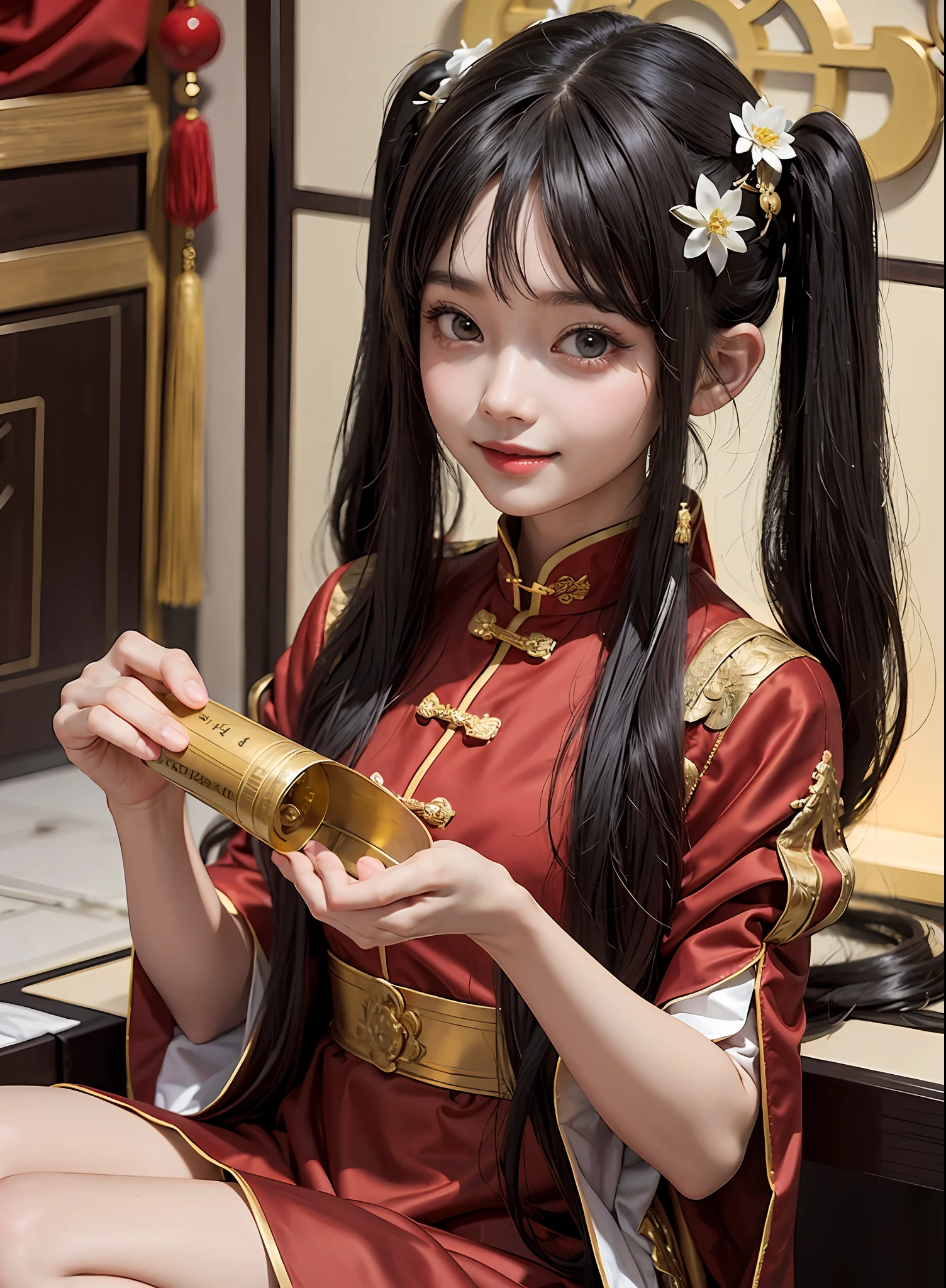 chinese palace,1little girl,lily,twintails,brunette color hair,By bangs,Long chinese dress,flower,9-year-old female model,Princess,Smile,