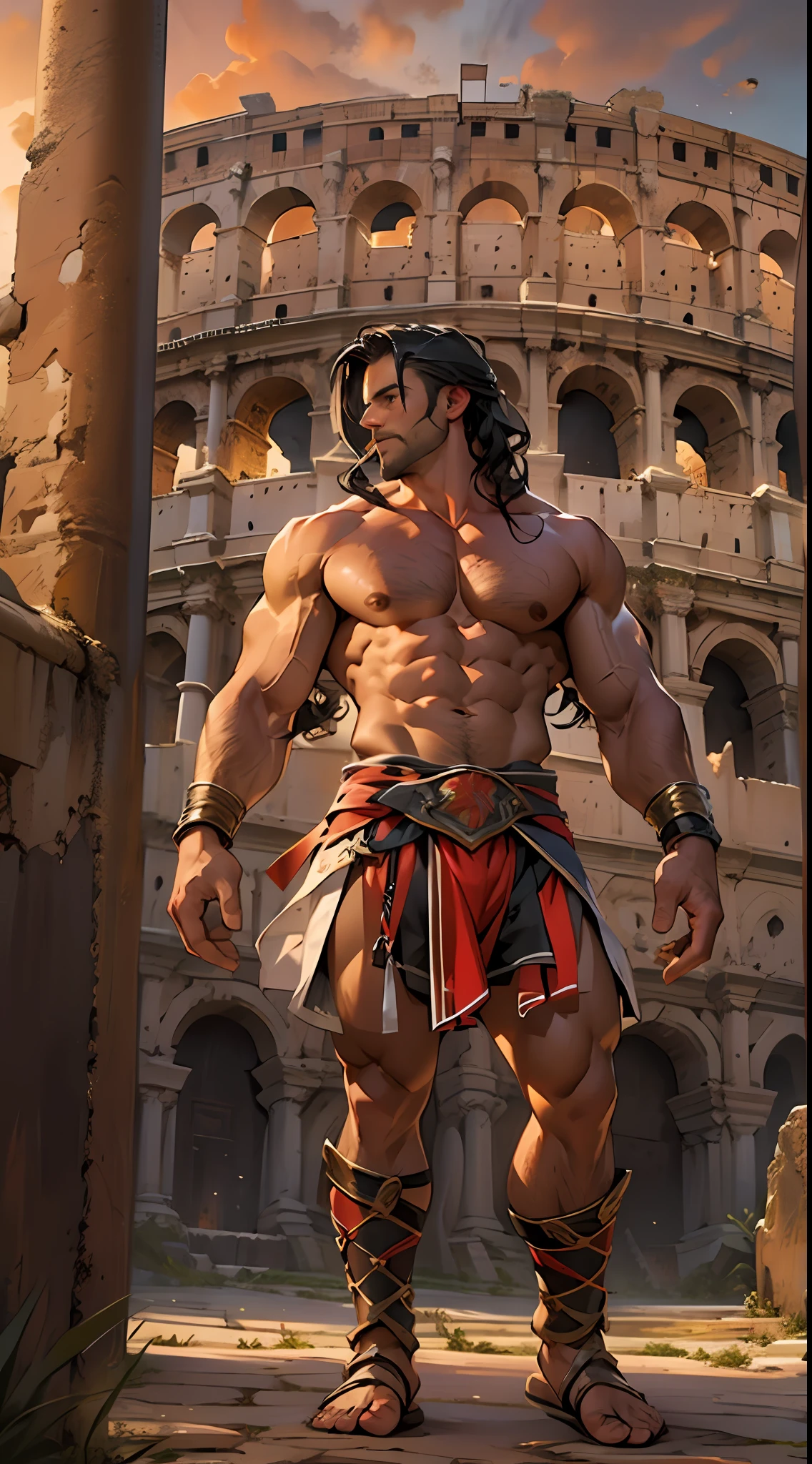 Mighty gladiator, chest uncovered, lower body revealed from thighs to feet, cascading long curls, detailed muscular physique, lifelike depiction, 4K resolution. Background: Colosseum during a spectacular sunset,32k uhd, best quality, masterpiece, super detail, high details