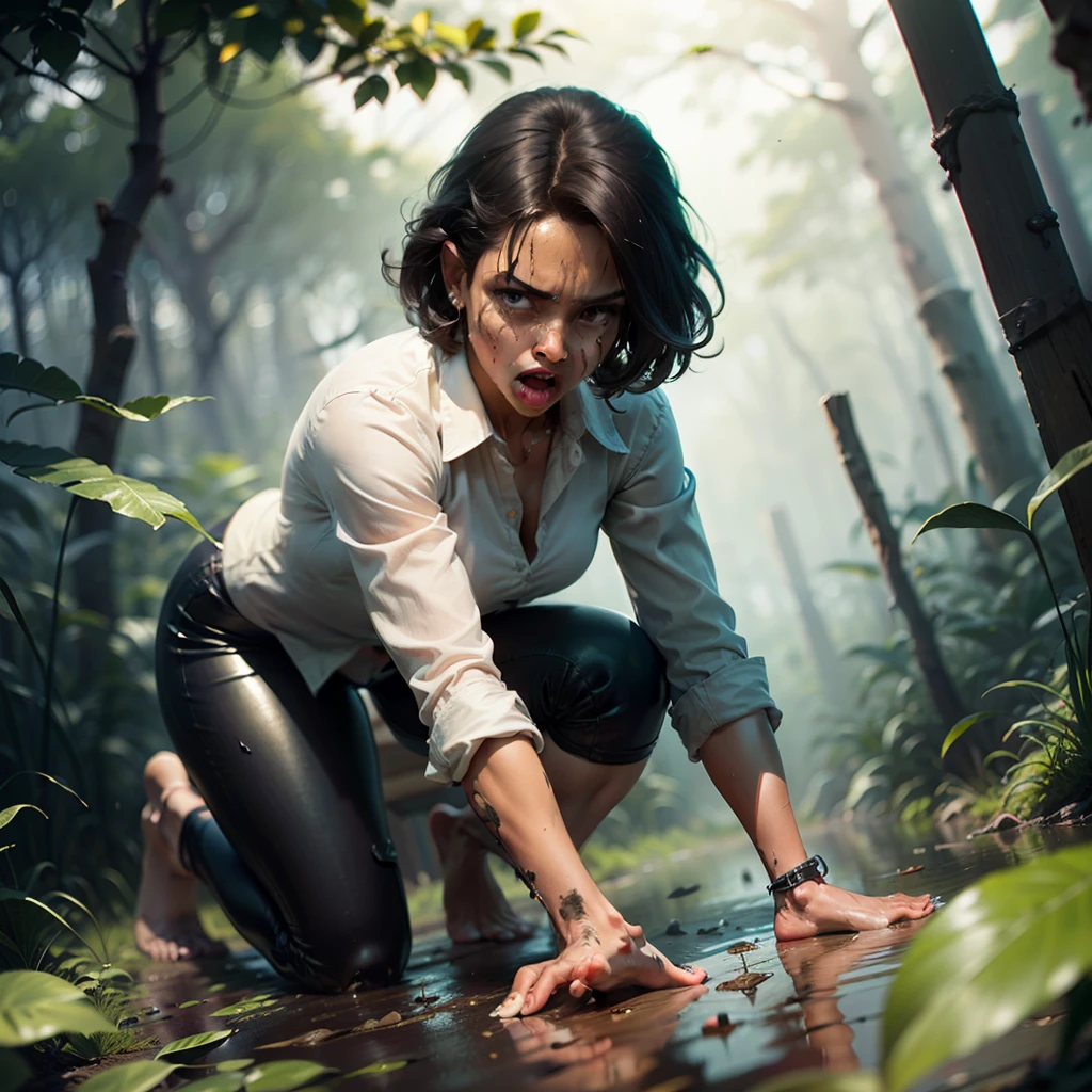 full panic, Sinking to her death. natural tar seeps on savanna with dense tall brown grass. desperate, Agape, terrified, horrified screams, Panic, terrified, craven, greedy safari explorer, gorgeous barefoot powerful short hair Bipasha Basu foolishly stepped into the middle of a thick sticky, black glistening tar bog, and is stuck-fast. white capri pant-legs rolled-up in tight cuff to just below knees, beige collared blouse. kneeling in tar. crawling, wild struggling on hands and knees. muscular curvey legs pull desperately in the sticky thick glutinous tar bog. led in to the tar. tar clings to feet. desperately reaching for help. Trapped in tar.
