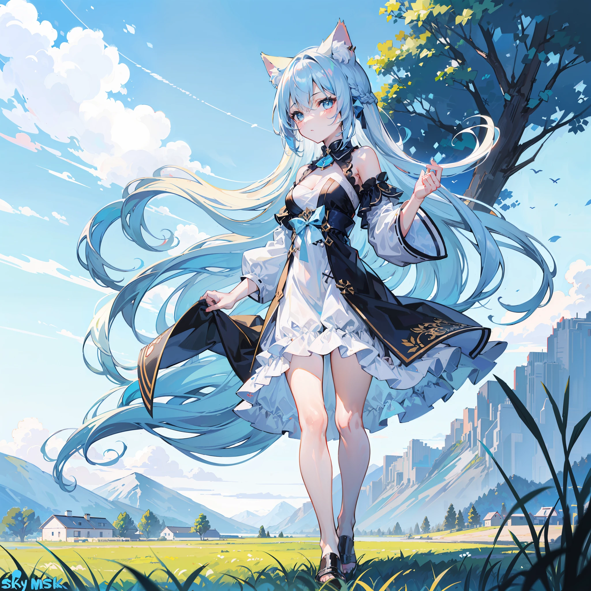 masutepiece,Best Quality,ultra-detailliert,Two hands,5 digits,best faces,(one girl:2),(Sky Blue Long Hair:1.8),straight hair,timid,Cat ears,pale blue eyes,Small breasts,setting off,grass field,Mountains in the distance,Clear