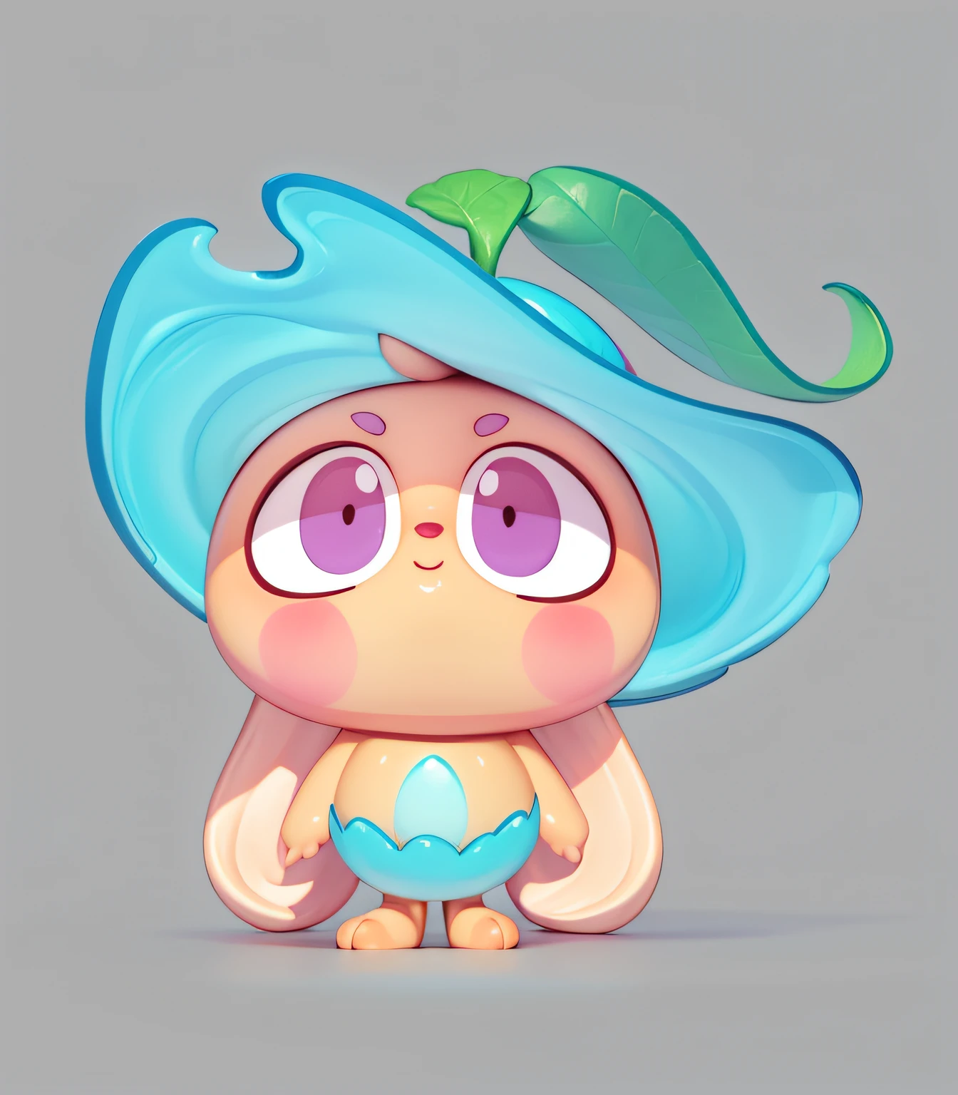 leafs,Eau,Eau、,Cartoon Bunny,PopMart blind box IP,Front view,Water apricot leaves on the head,Stand naturally,Frontal whole body,Bubble Mart style,High-grade natural color scheme,Bright and harmonious,Lovely and colorful,C4D style,3D animation style design,Cartoony,Fun character design,Ray traching,