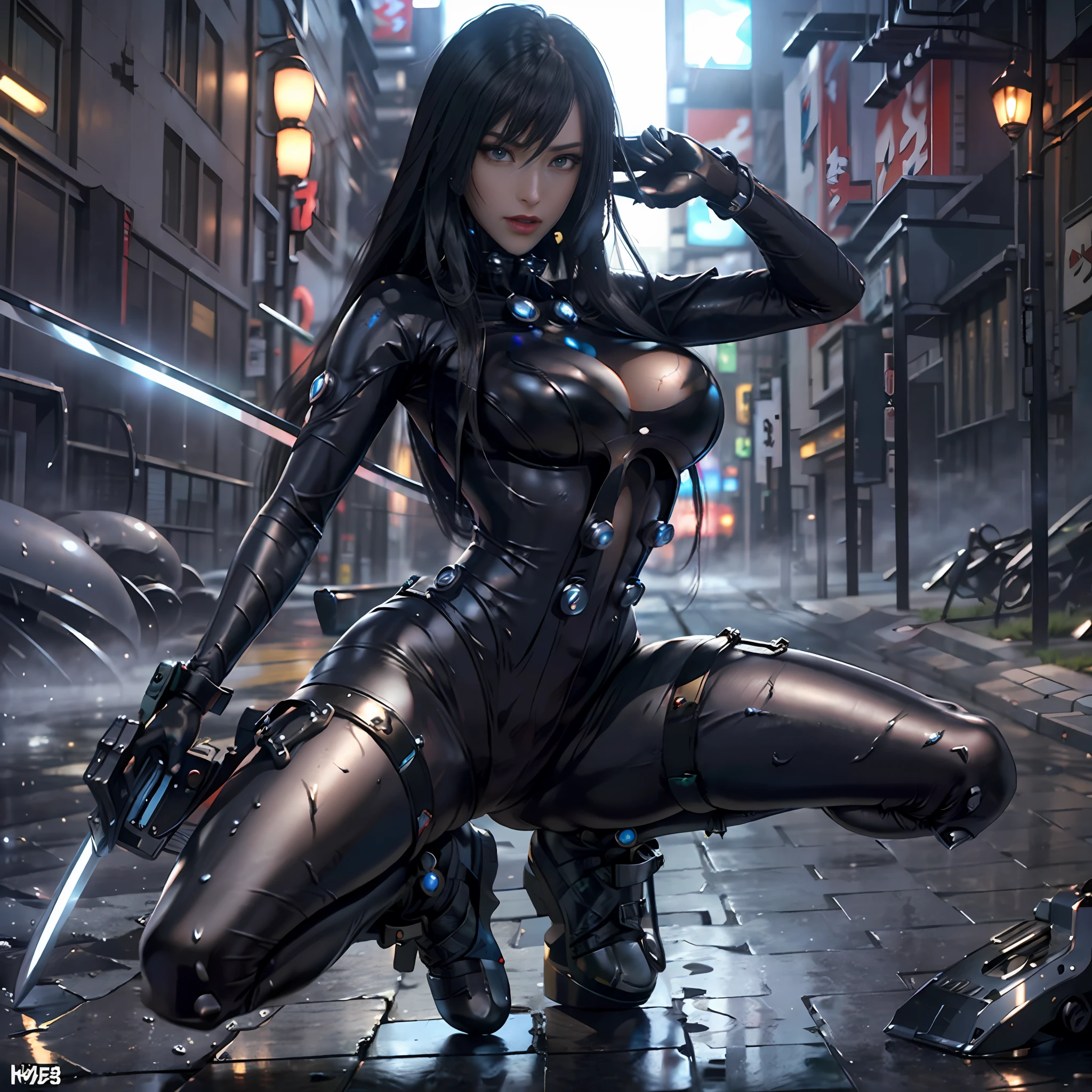NSFW,masterpiece,3D、realisitic、Ultra Micro Photography、best qualtiy、Ultra Detailed CG Unity ,8K,Wallpaper,intricate-detail、amazing shading, Perfect face,intricate detailes、((1 female))、28 year old,((frombelow:1.5))、dynamic ungle、Full body:1.3、Standing:1.3,Glossiness,Tall and glamorous perfect proportions、reika\(Gantz\), reika\(body suit\), reika\(coat\),Feminine、ass visible through thighs,Detailed body、(A detailed face: 1.1)、Smaller face,(Outline of the iris)、(Hydrocore Lens)、(Perfect eyes)、Beautiful fece、Looking at Viewer,thin lipss:1.1、thin and sharp pale eyebrows,、eye line,long dark eyelashes、Double eyelashes、Dark eyeshadow,((battle posture:1.2、Fight with a long black giant Japan sword,Shoot a big gun,battoujutsu stance,arma)),(Colossal tits)、(Bodysuit Details,Very thin and tight high-gloss black holographic leather:1.1,Glossy High Gloss Black Latex Bodysuit,Black Gloves),clong legs,pin heels,Slender and muscular,、Muscular abs,Visible Pore、Pose Seductive、Floating hair,Black theme,((Erect,Huge ,show off nipple,Cameltoe,vulvashaped,Sexy and dynamic model poses,Cool pose)),glistning skin,Sweat,(underboob, perfect hand:1.5、((foggy,steams,Contre-Jour,Underworld,Dark back roads,Ruins,Destroyed city,wet street surface,Midnight Shibuya,cyberpunked,background crowds,电影灯光,exquisite lighting and shadow))、DSLR Harp、Maximum clarity and sharpness、optimal ratio of four fingers and one thumb