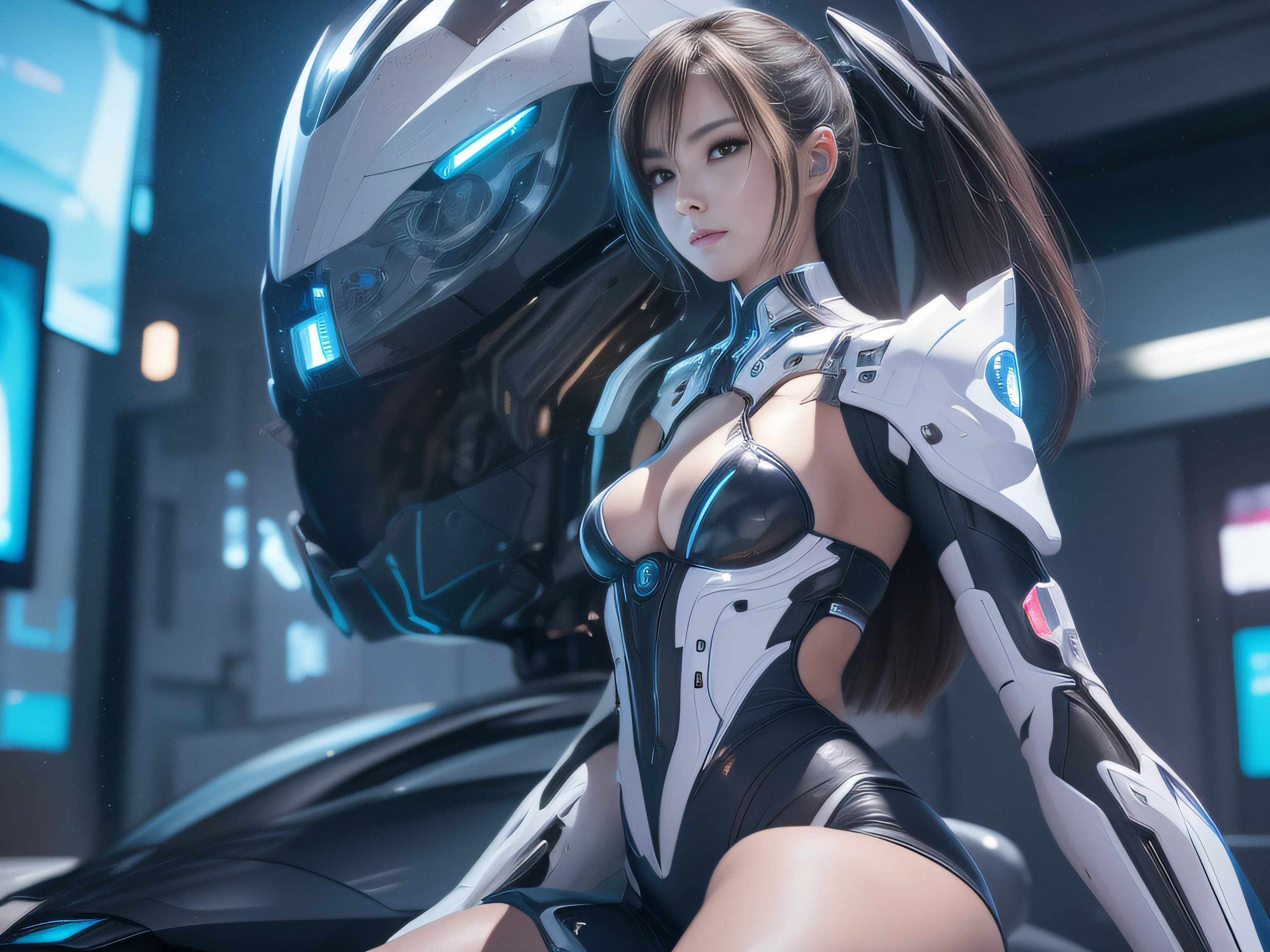 Highest image quality,Outstanding details,超高分辨率,(Fidelity:1.4), Favor the details,closeup cleavage,The background is a high-tech lighting scene in the future city,High-tech dragon knight mech,He has a delicate and beautiful face,((Blue-white flying semi-mechanical fuselage:1.8)),high-tech weapon,Raised sexy,frontage,cyber punk perssonage,Futuristic,mechanically aesthetic,Virtual Engine 5,Perfect detail rendering,rendering by octane,hyper HD