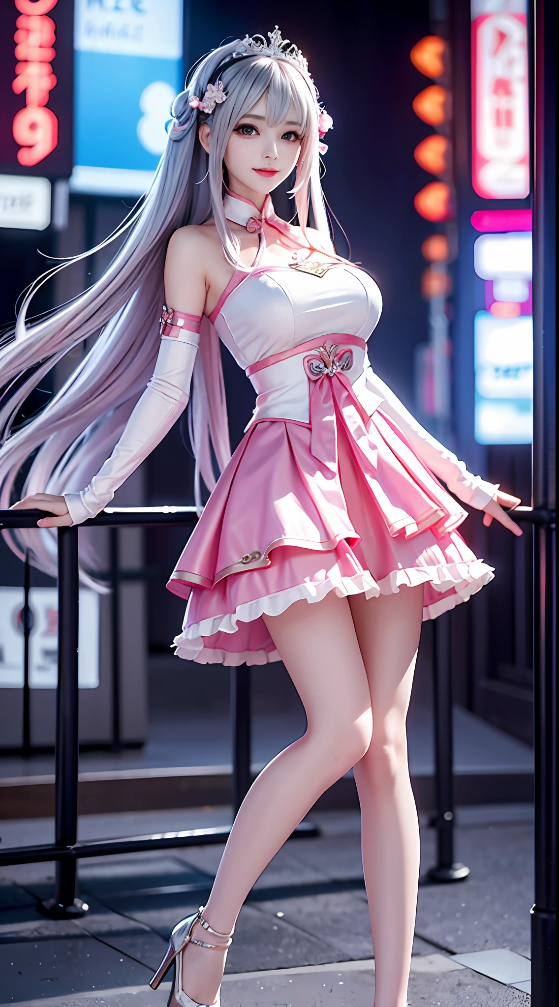 32k clarity，High bitrate，8K分辨率，1girll（25 age old，Height 1.7），Long silver hair，cyber punk perssonage，pretty  face，adolable，Charming，Pink costume，The most beautiful physiognomy，Touching smile，Feminine expression，tiara crown，huge tit，perfect body figure，short  skirt，stocklings，Ribbons，Slim long legs，Fantastic city background