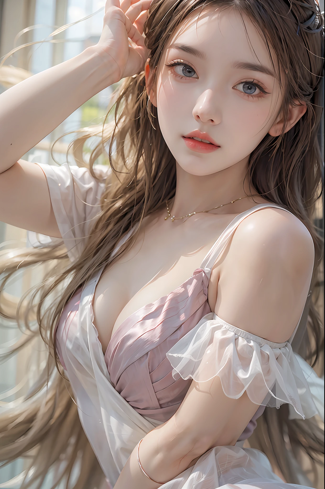 photorealistic, high resolution, 1 women, solo, hips_up, hips up, beautiful eyes, look at viewer, close lips, detailed face, long hair, tutu dress, ballet dance