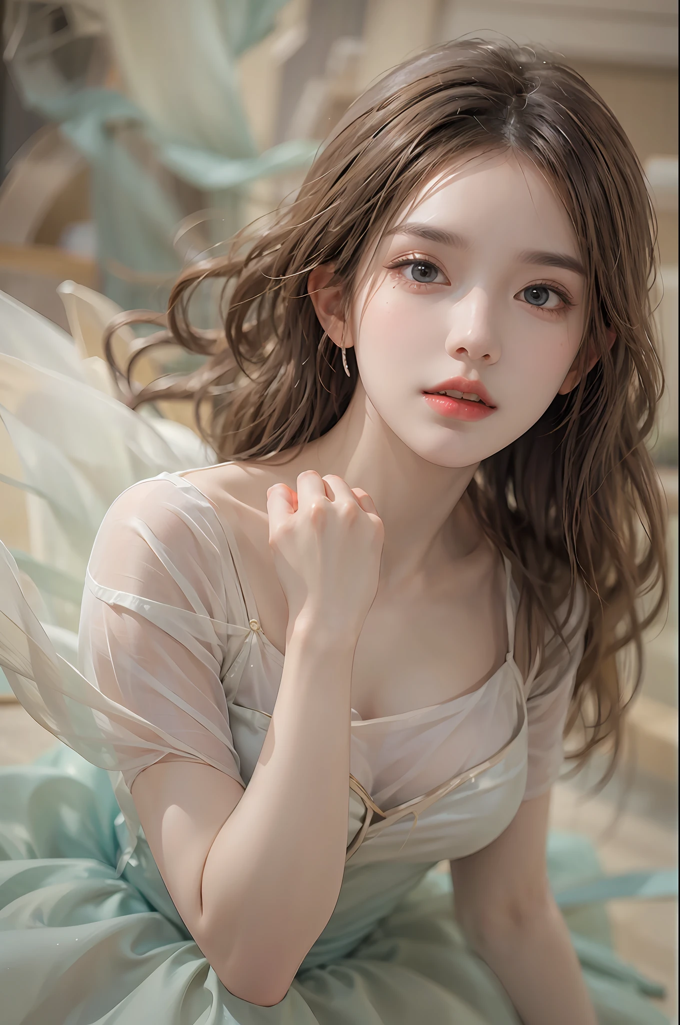 photorealistic, high resolution, 1 women, solo, hips_up, hips up, beautiful eyes, look at viewer, close lips, detailed face, long hair, tutu dress, ballet dance
