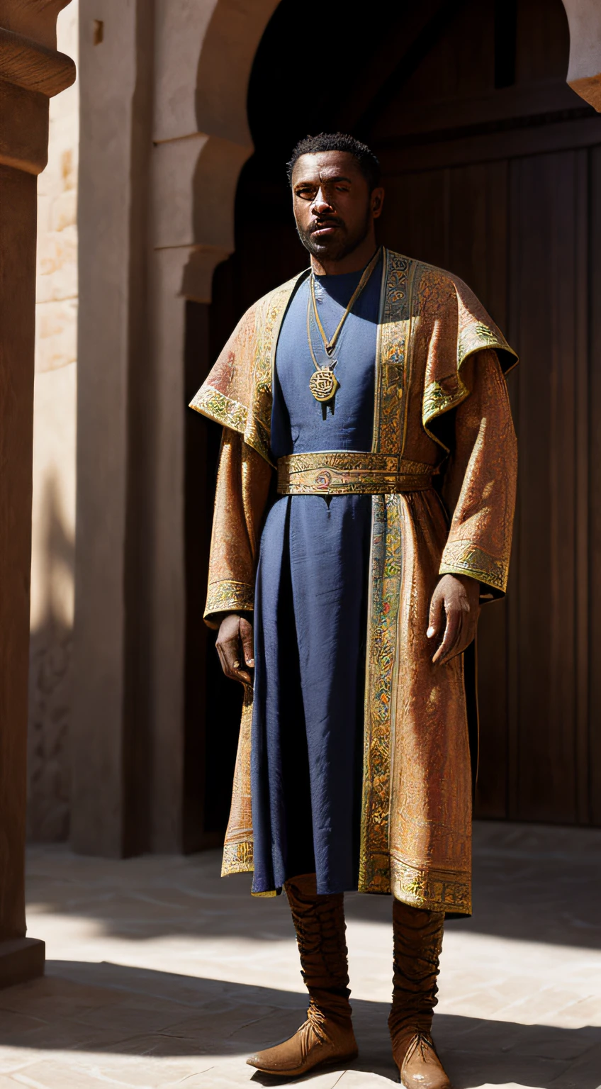 full body portrait of a blasian dark-skinned medieval fantasy 30 year-old man, almond-shaped eyes, hazel-colored eyes, medium well-kept hair, traditional fantasy north african nobleman's clothes, waist sash, exotic, rich, elaborate, colorful, intricately decorated, patterned, in a medieval fantasy north african traditional town, (backlighting), realistic, masterpiece, highest quality, lens flare, shade, bloom, [[chromatic aberration]], by Jeremy Lipking, by Antonio J. Manzanedo, digital painting