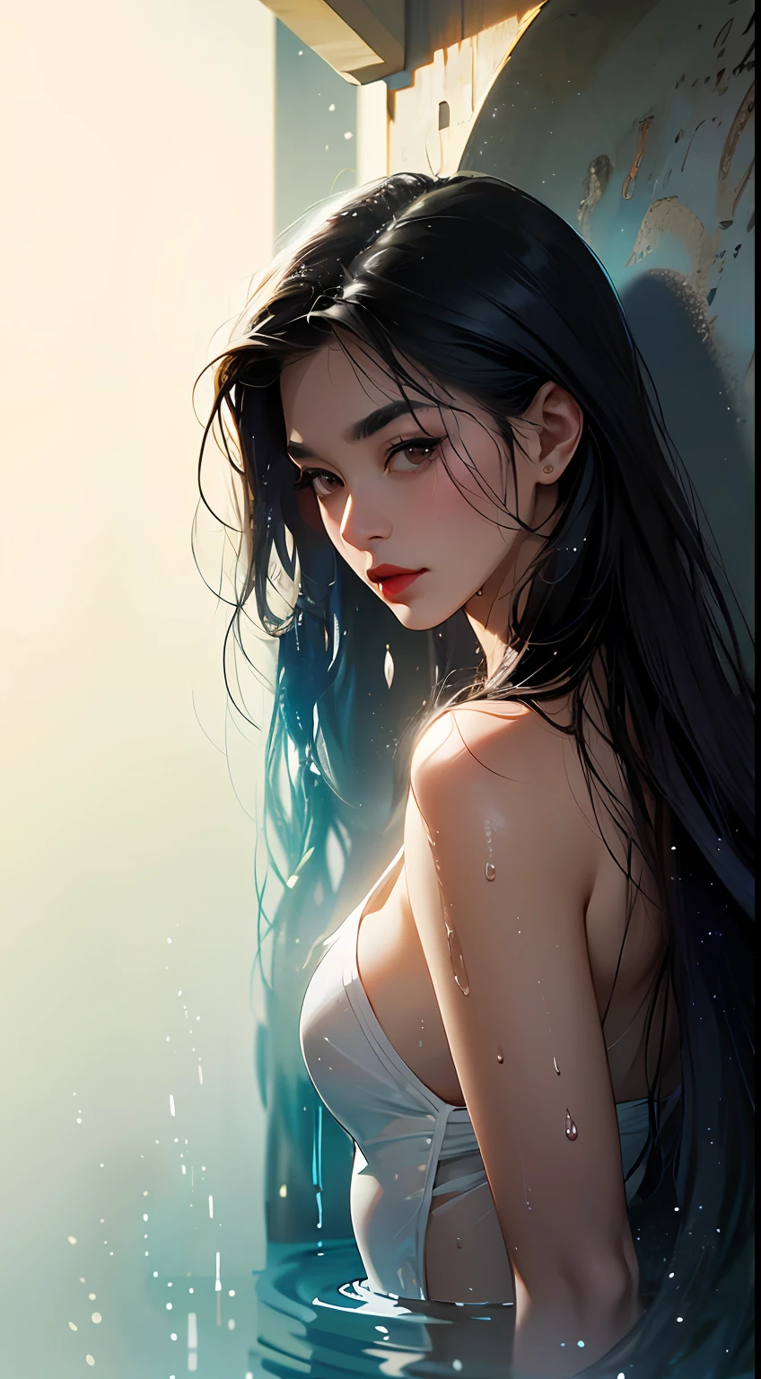 (top-quality),(masterpiece), (超A high resolution), (photographrealistic), (A Japanese Lady), (Bathing), (Look at viewers), (flat chest),(Black hair),(wide-hips), (Thick eyebrows), (Red Lip), eyeshadows、Wet clothes、Wet hair