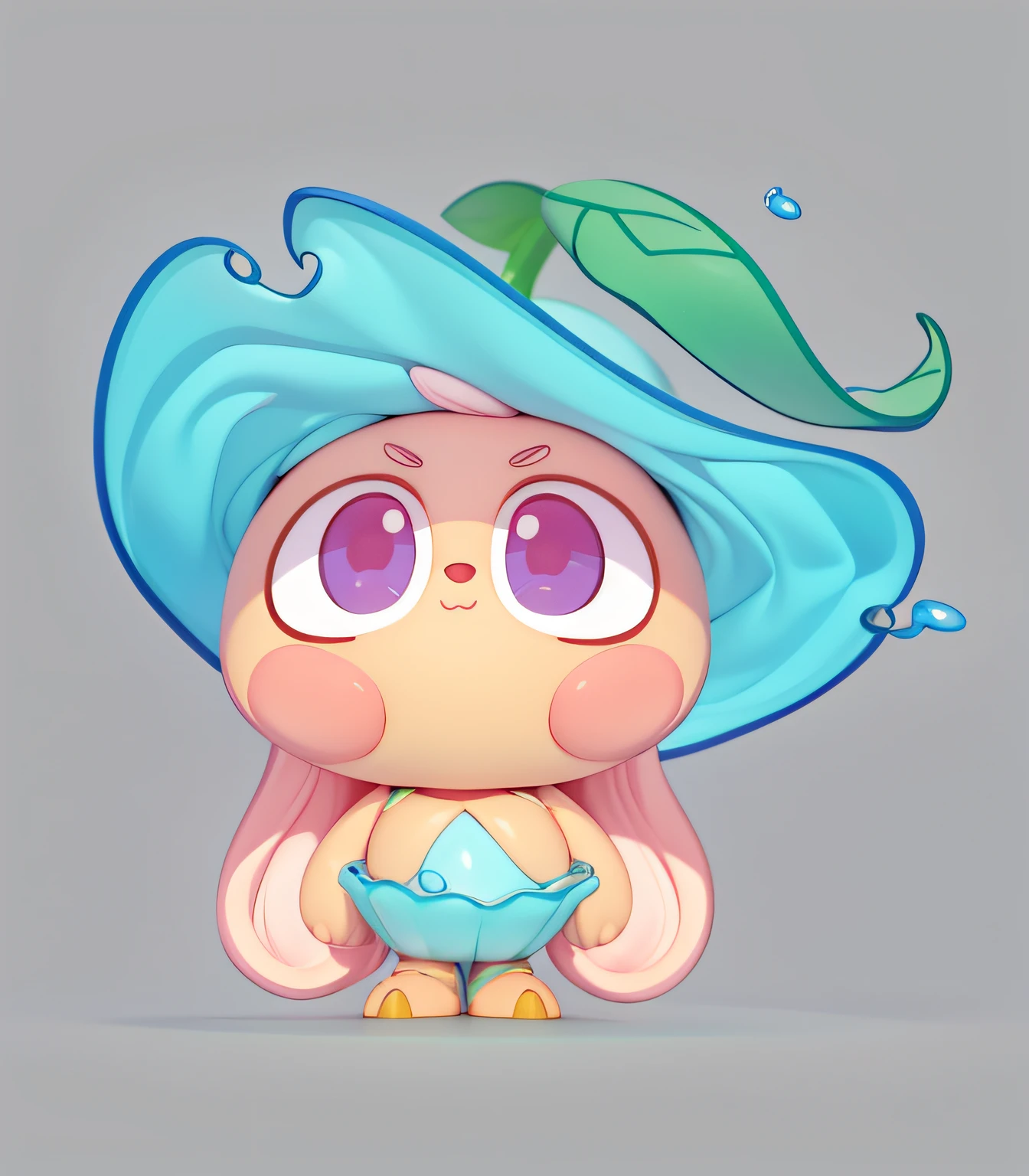 leafs,Eau,Eau、,Cartoon Bunny,PopMart blind box IP,Front view,Water apricot leaves on the head,Stand naturally,Frontal whole body,Bubble Mart style,High-grade natural color scheme,Bright and harmonious,Lovely and colorful,C4D style,3D animation style design,Cartoony,Fun character design,Ray traching,