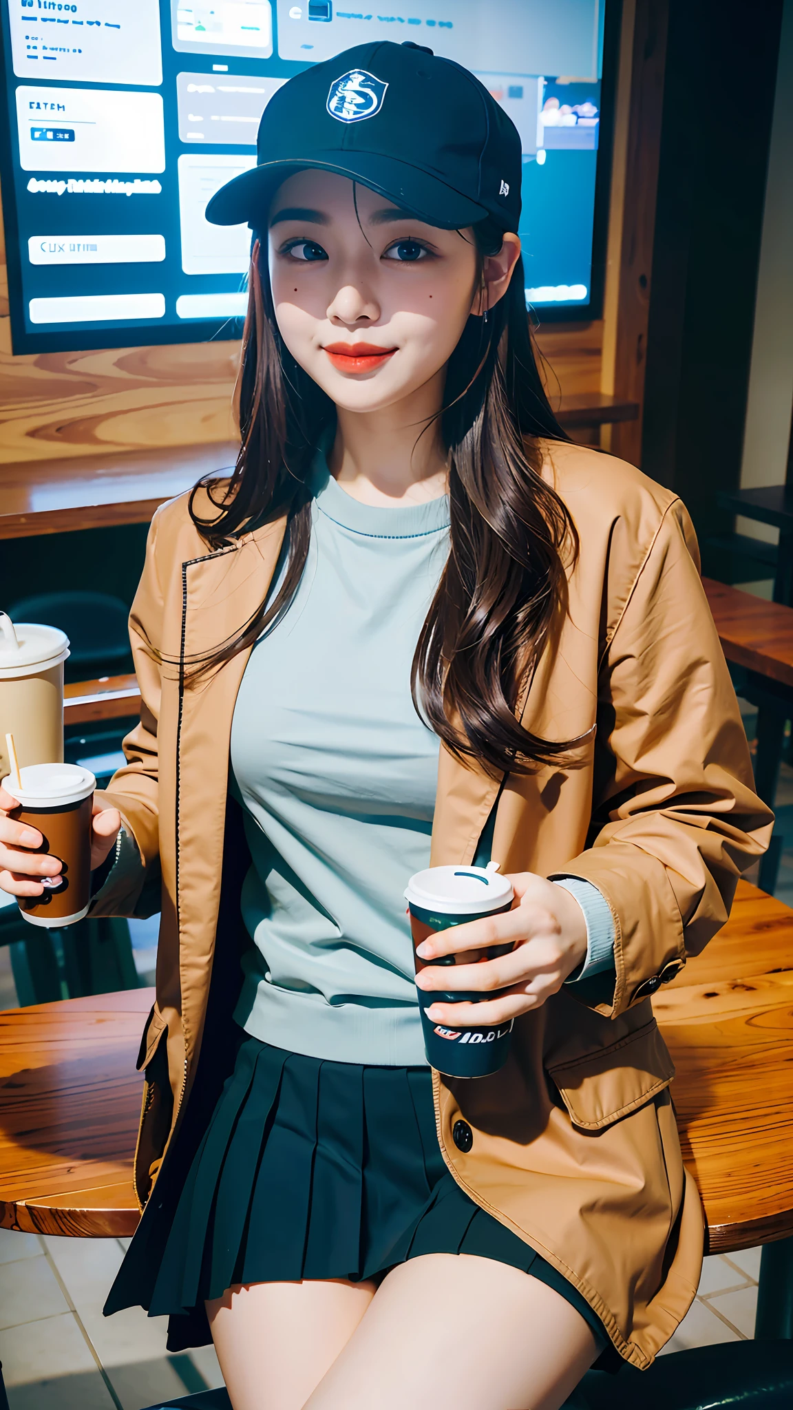 Ultra HD 8K Real Scene Eating Western Food in Restaurant Sports Car in the Background, Wearing Short Sleeves, Bottoms Pleated Skirt, Movement as a Drink, Sweet Smile。