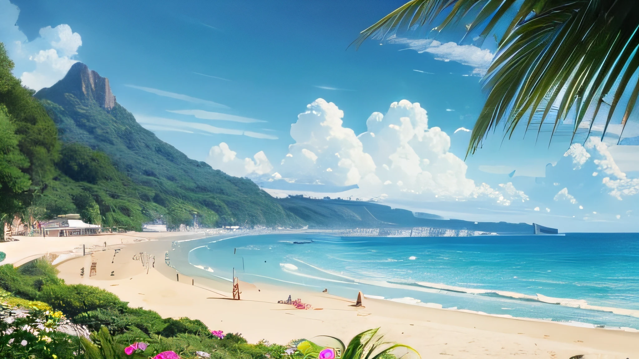 beachside，sandbeach，Tropical landscape，Anime background art，Relaxing concept art，Anime landscape concept art，immensely detailed scene，A beautiful artwork illustration，Detailed view — width 672，Ghibli Studio Environment，highly detailed scenario，environment design illustration，beautiful anime scenes，In Studio Ghibli style，Anime landscapes，detailed soft painting，environment painting，A boy，a pregirl，Excitedly dip fishing nets into crystal clear waters，The little crab is hooked，They hide in the net。